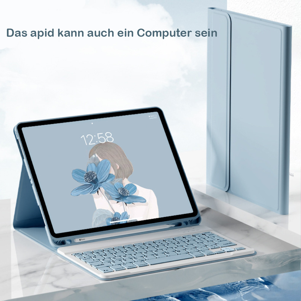 Ein hellblaues Tablet mit Tastatur und einem Bildschirm, der eine Frau mit Blumen zeigt.