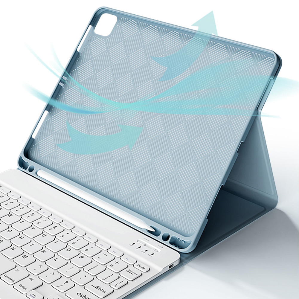 Ein blaues Tablet mit Tastatur und Stifthalter. Blaue Luftstromlinien zeigen Kühlung.