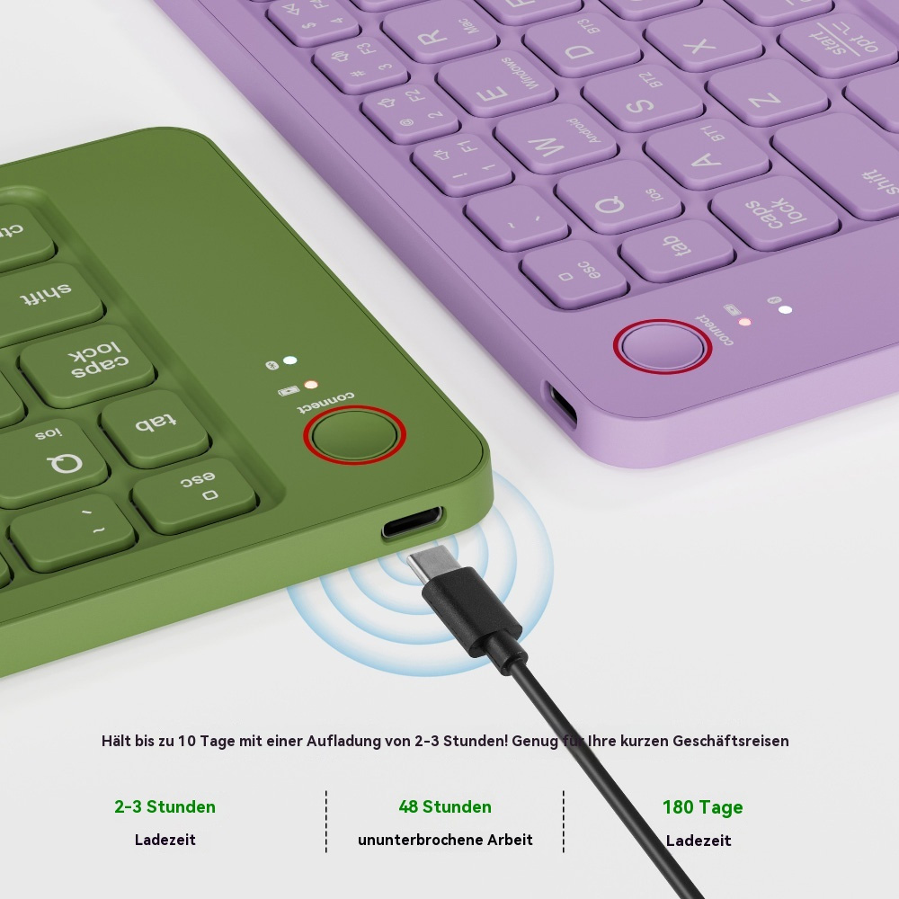 Zwei Bluetooth-Tastaturen, eine grüne und eine lila, werden mit einem USB-C-Kabel verbunden.