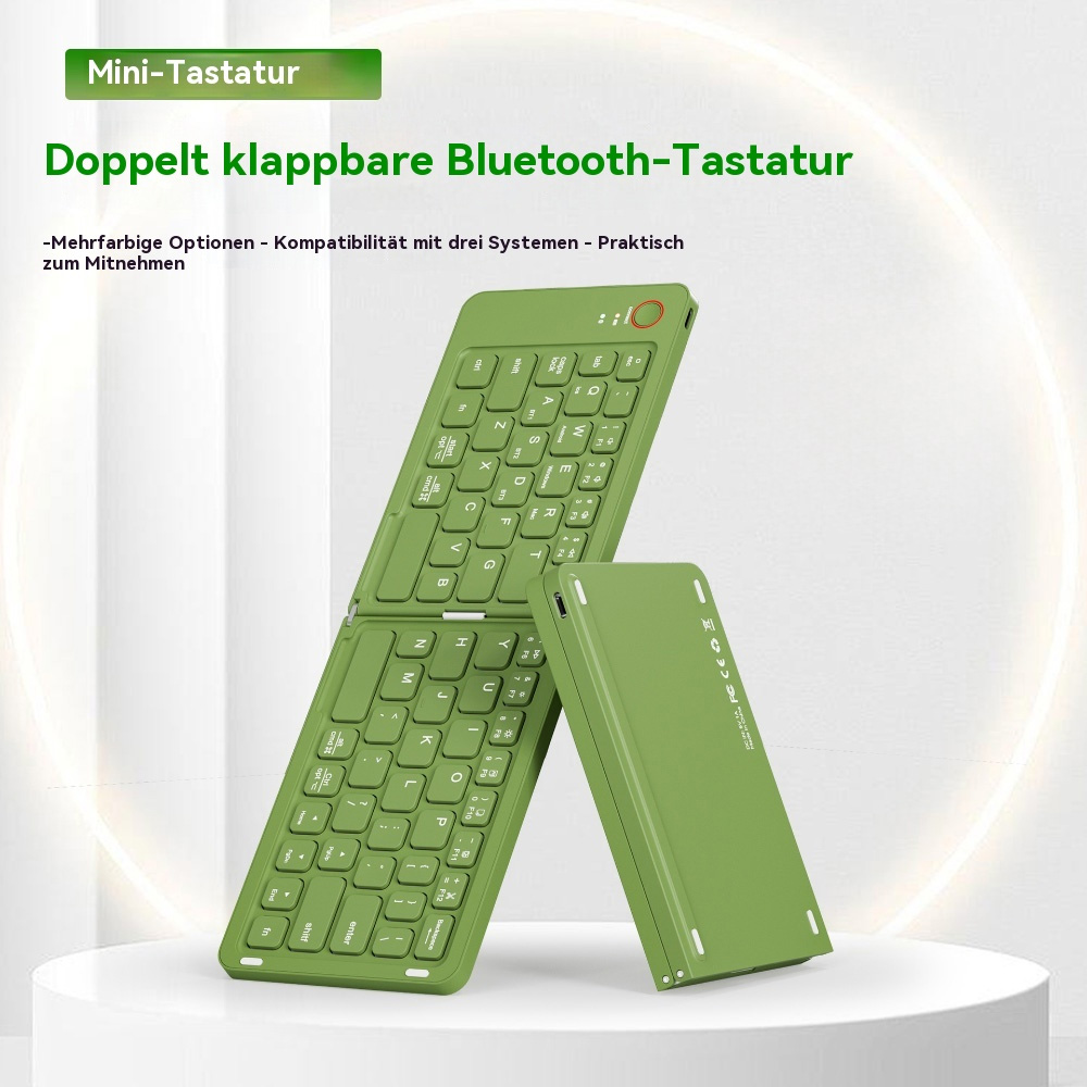 Eine grüne, doppelt faltbare Bluetooth-Tastatur mit einem Ständer.