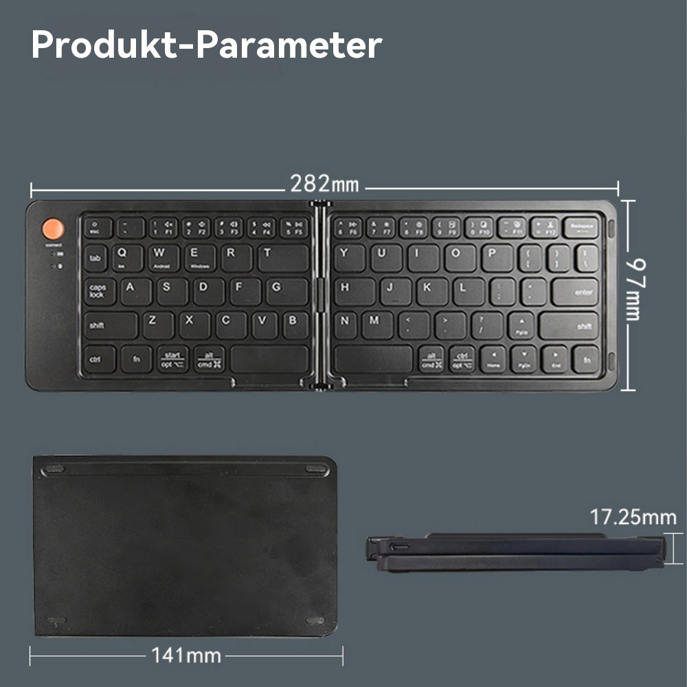 Gefaltete Tastatur mit Maßen: 282mm x 97mm x 17.25mm. Unterseite 141mm.