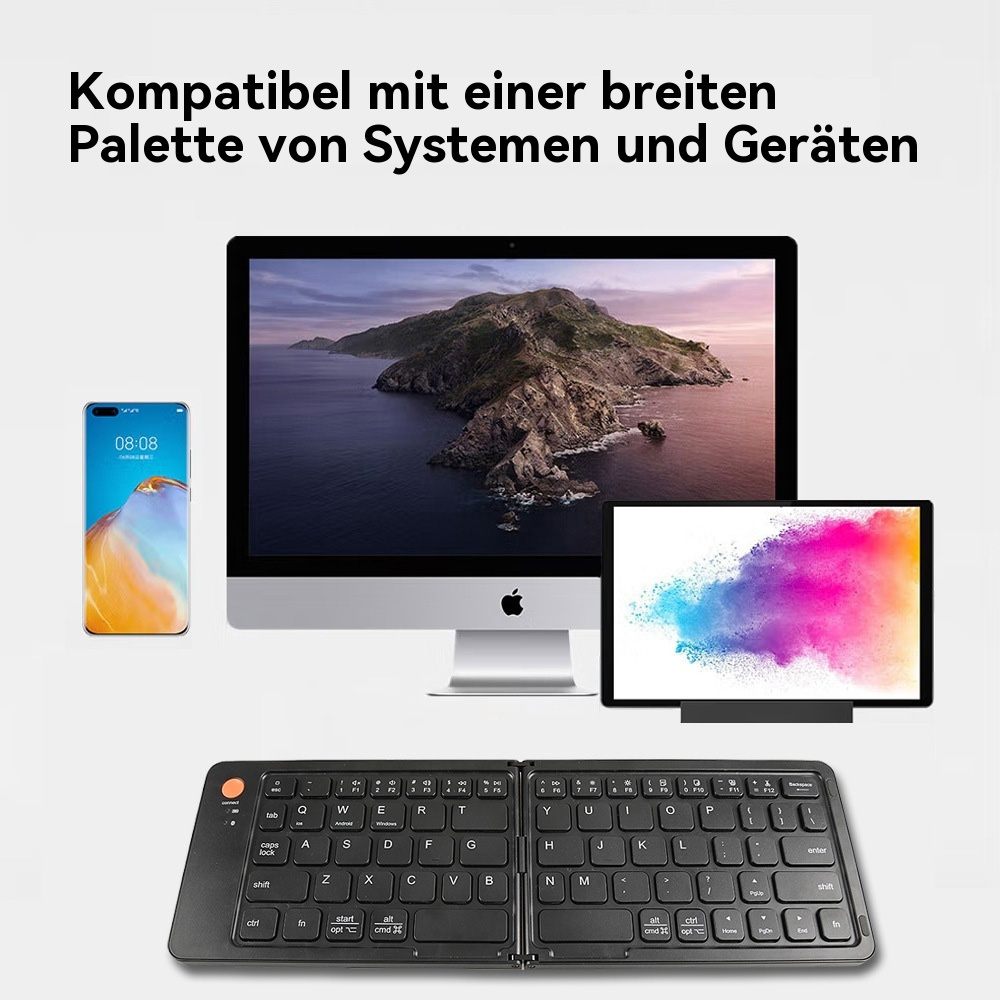 Ein Smartphone, iMac, Tablet und faltbare Tastatur sind auf grauem Hintergrund.