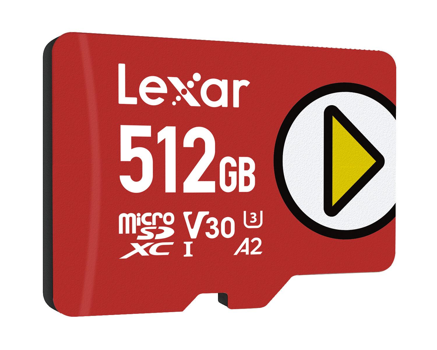 Scheda microSD Lexar rossa da 512 GB con icona play, V30 e rating A2.