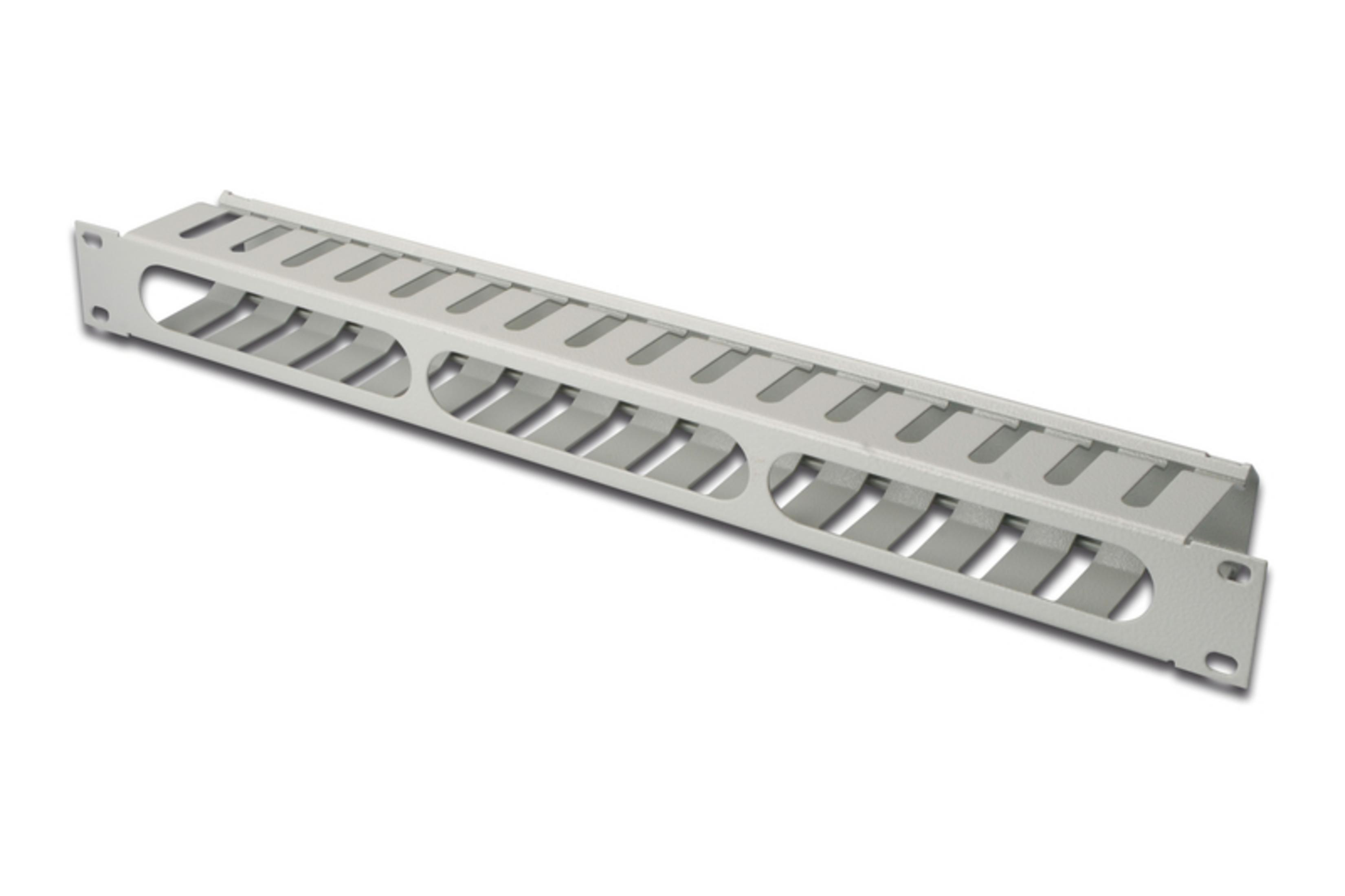 Ein grauer Kabel-Organizer aus Metall mit Schlitzen und Befestigungslöchern.