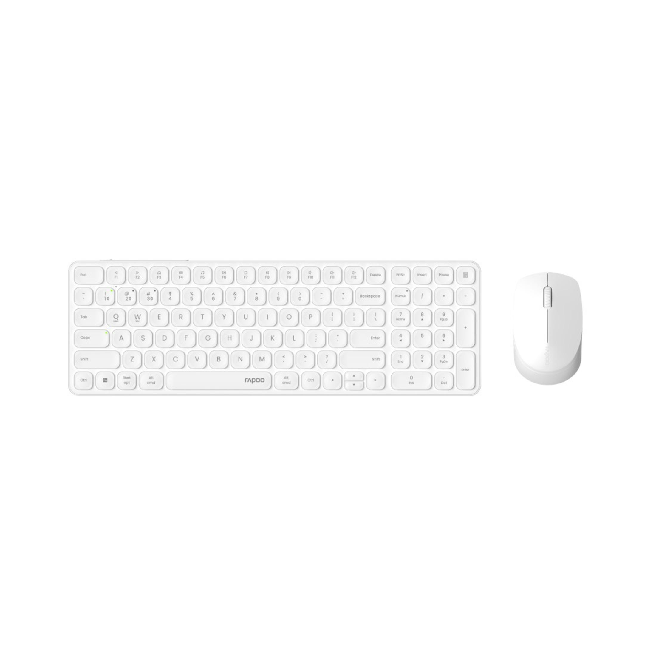 Ein weißes kabelloses Tastatur- und Mausset auf weißem Hintergrund.