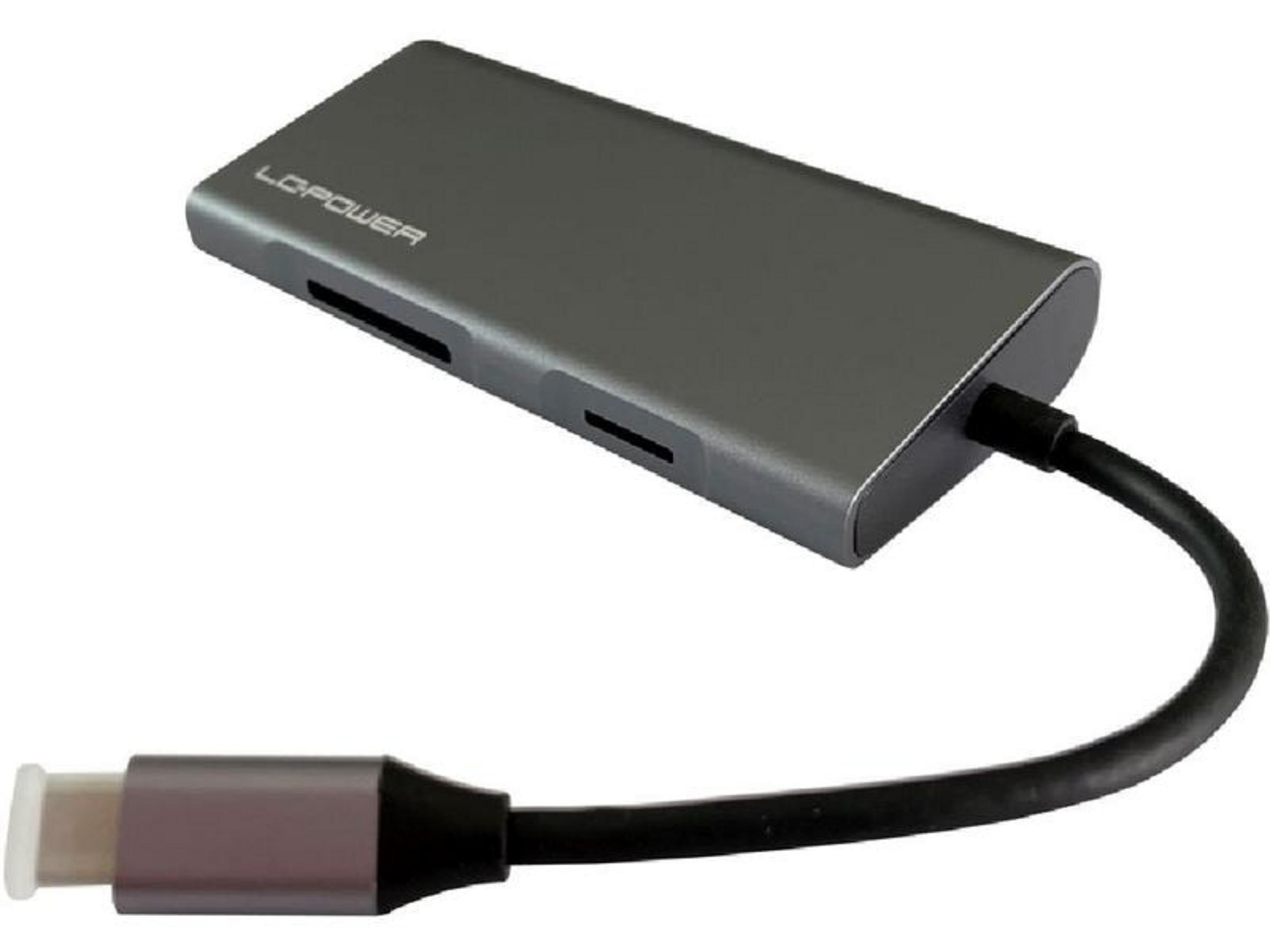 Graue LCPOWER USB-C-Hub mit Kartenschlitzen und Kabel.