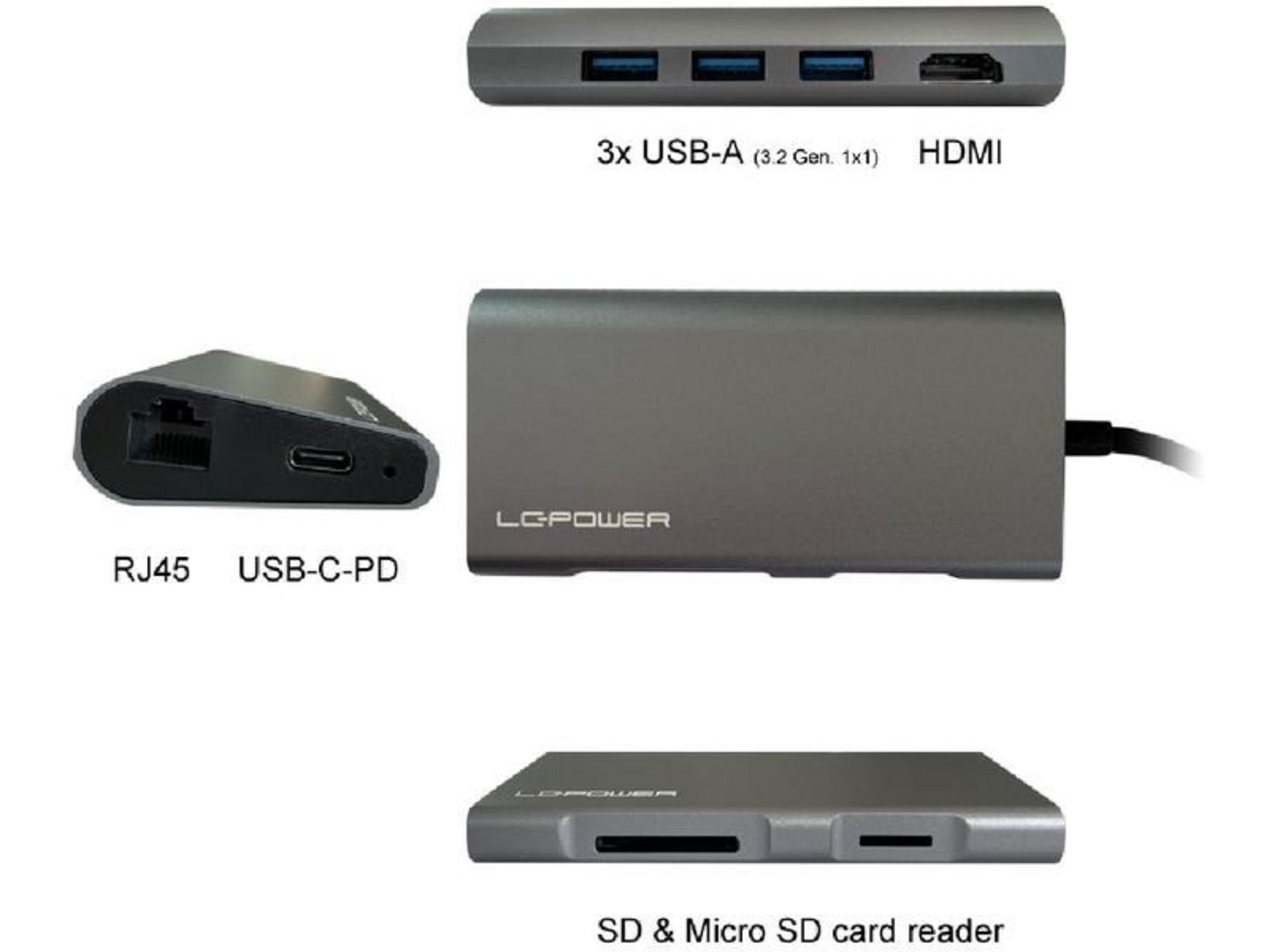 Ein grauer USB-C-Hub mit Anschlüssen: 3x USB-A, HDMI, RJ45, USB-C-PD, SD/MicroSD-Kartenleser.