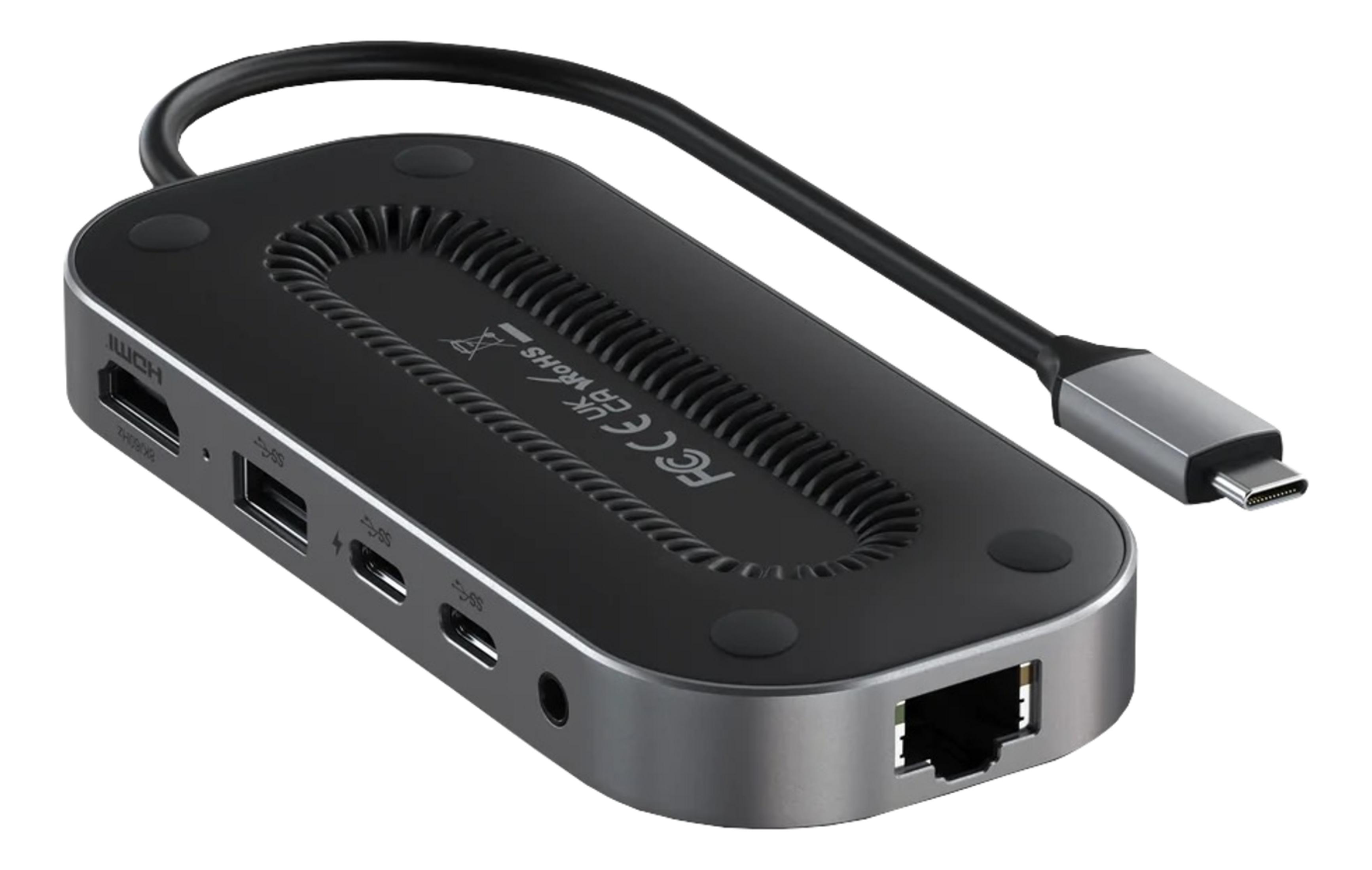 Schwarzer USB-C-Hub mit HDMI-, USB-A-, USB-C-, Audio- und Ethernet-Anschlüssen sowie USB-C-Kabel.