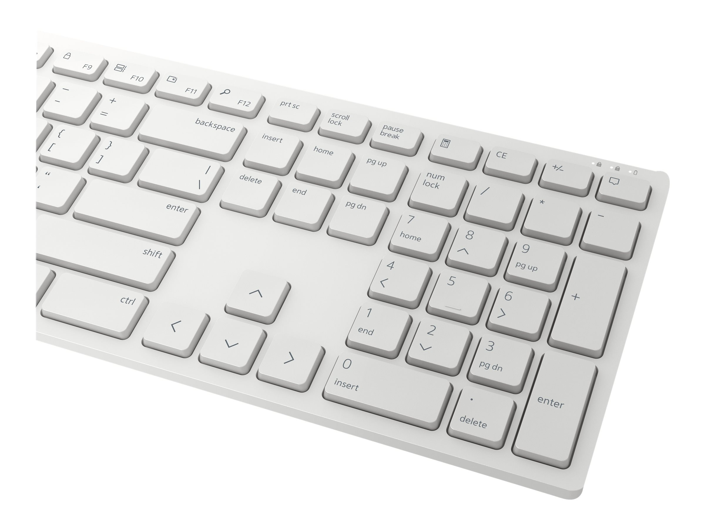 Eine weiße Tastatur mit deutlich sichtbaren Tasten wie Enter, Shift, Strg und Ziffernblock.
