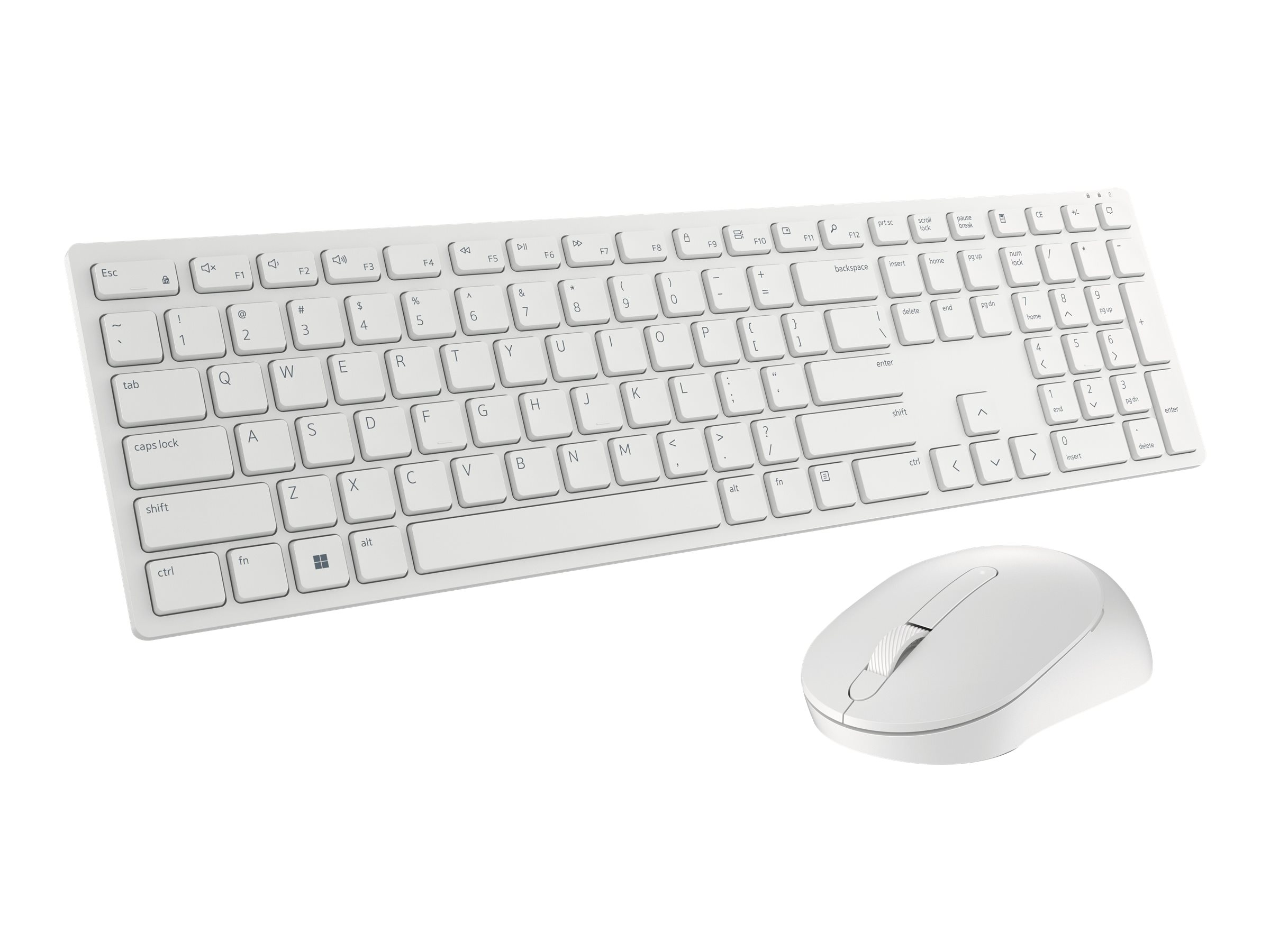 Ein weißes kabelloses Tastatur- und Mausset auf weißem Hintergrund.