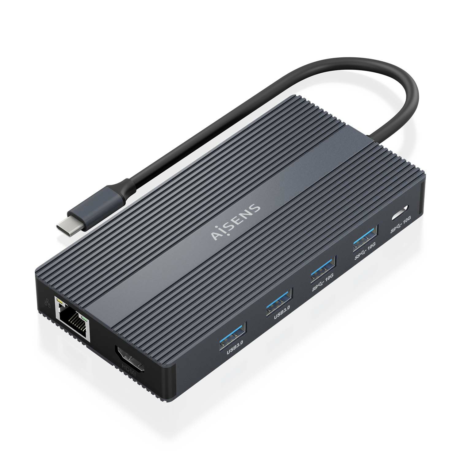 Grauer USB-C-Hub mit Rillen und mehreren Anschlüssen, einschließlich USB und HDMI.