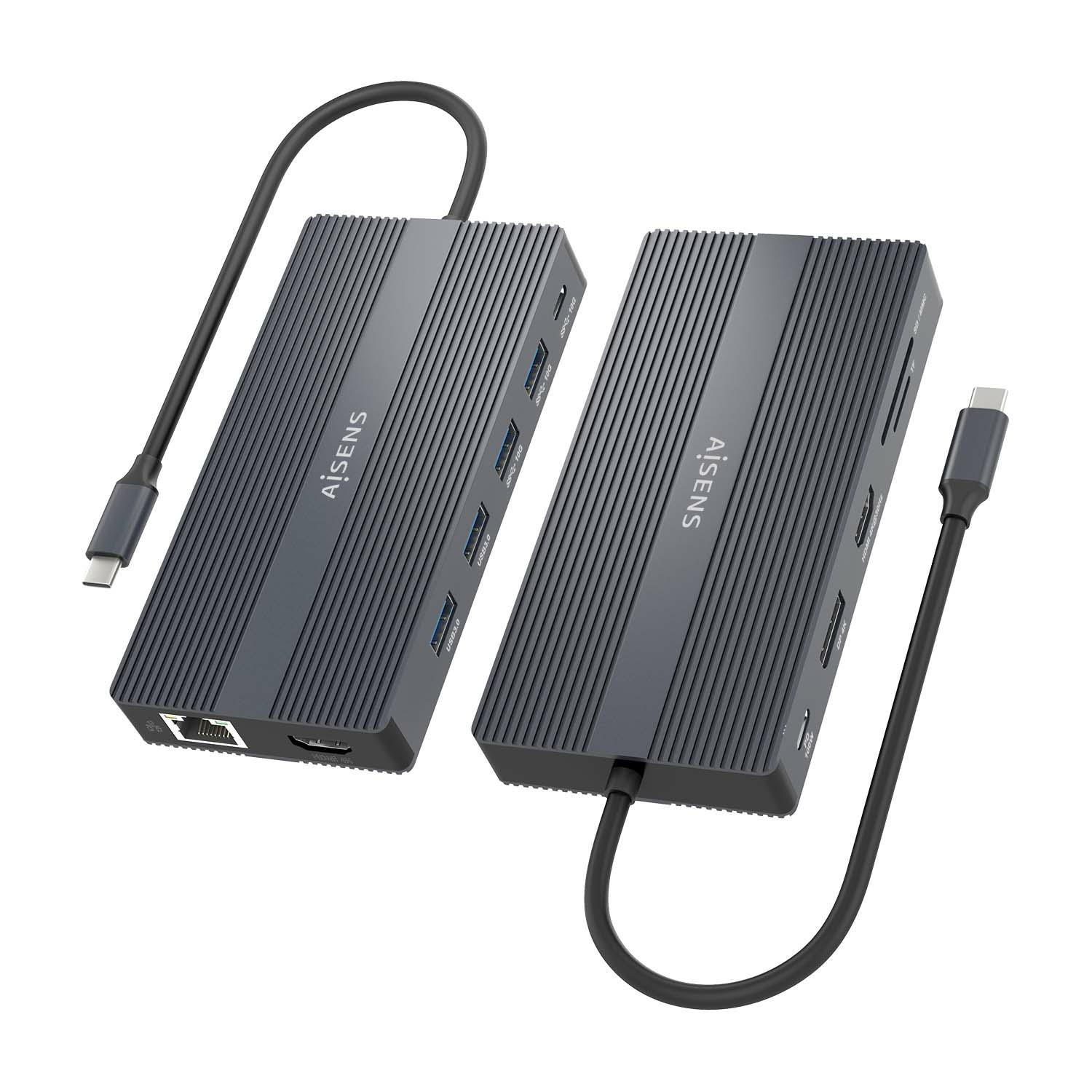 Zwei graue USB-C-Dockingstationen mit gerilltem Design und verschiedenen Anschlüssen.