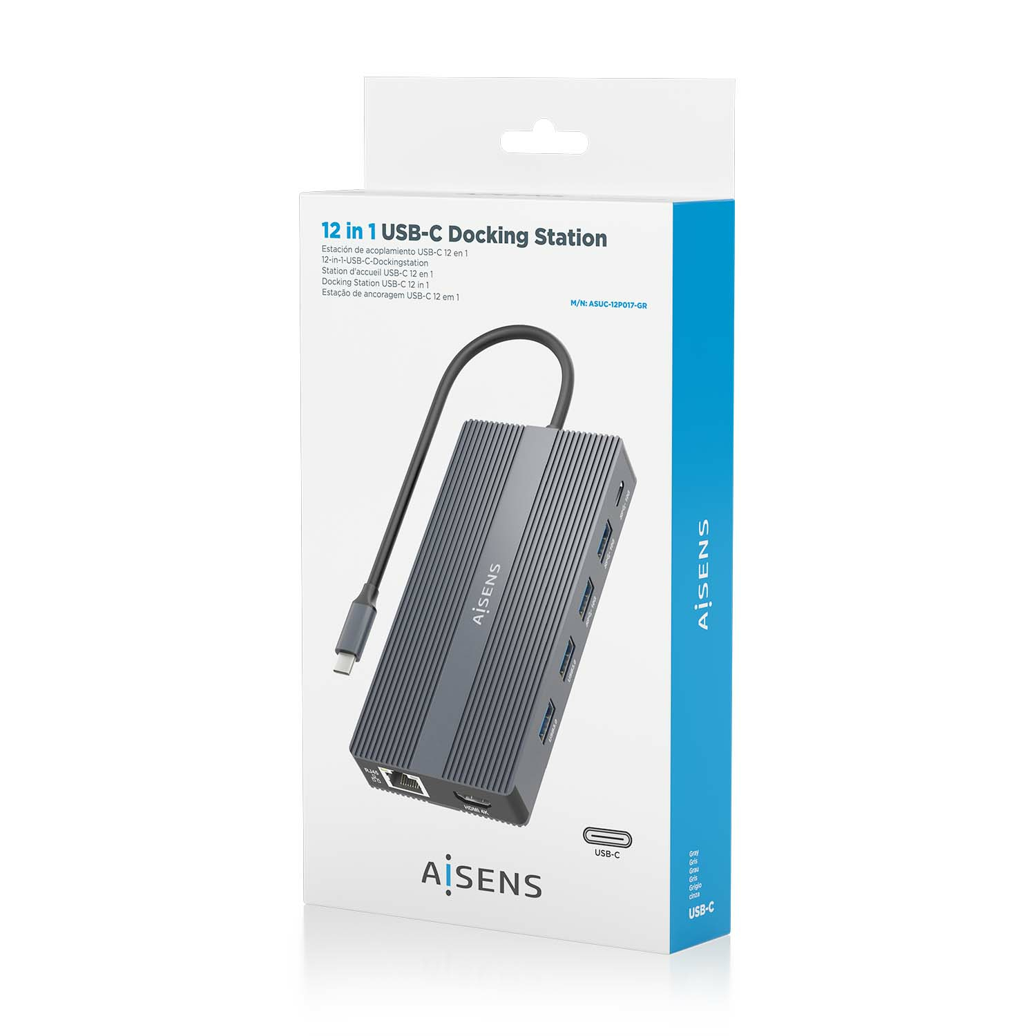 Graue 12-in-1-USB-C-Dockingstation mit Anschlüssen und USB-C-Kabel auf Verpackung.