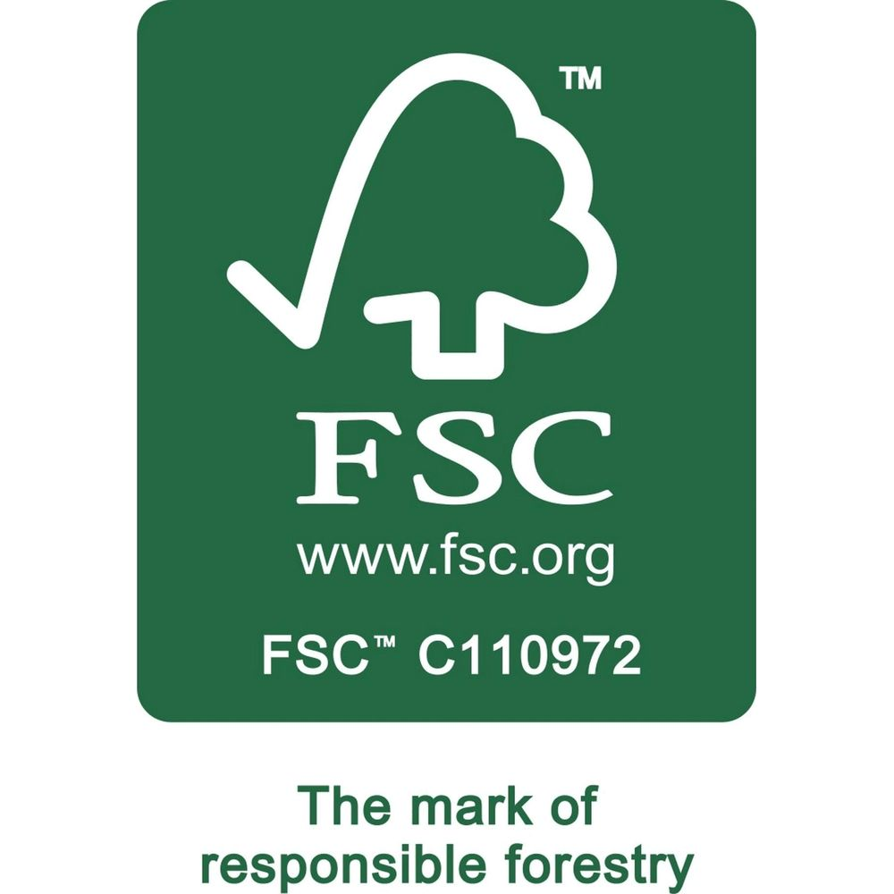 FSC-Logo: weißer Baum auf grünem Quadrat. Text: FSC, www.fsc.org, FSC C110972. Slogan: The mark of responsible forestry.