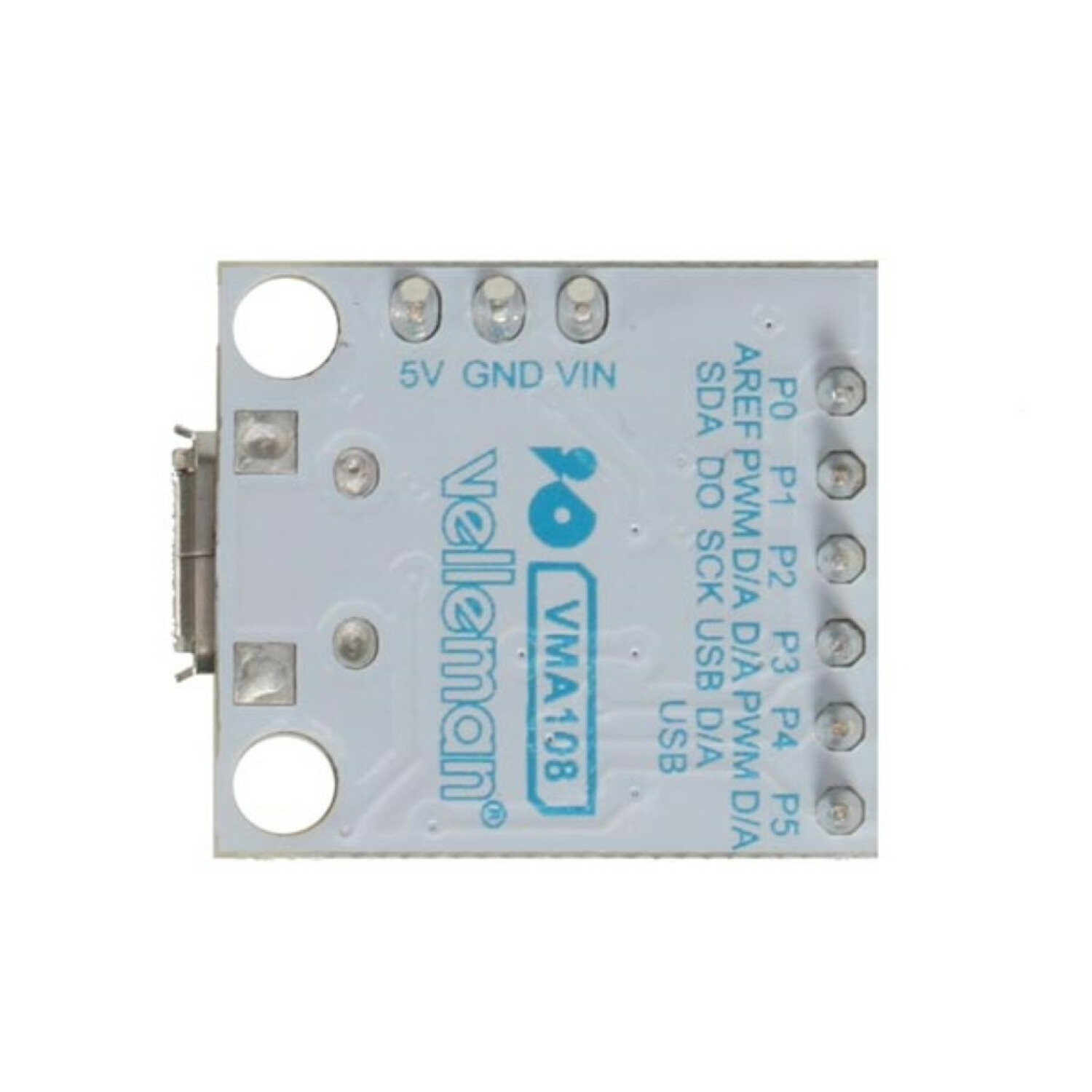 Ein Velleman VMA108 USB-Modul mit Pins und Beschriftungen.