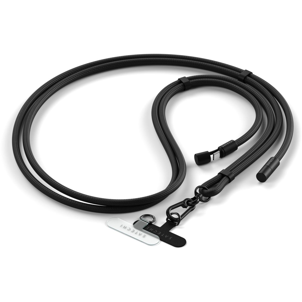 Ein schwarzes Satechi Handy-Lanyard mit Metallclip und transparentem Anhänger.