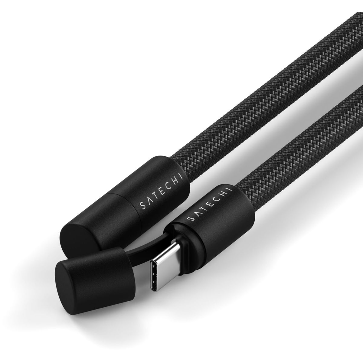 Ein schwarzes USB-C-Kabel mit Stoffummantelung und silbernem Stecker.