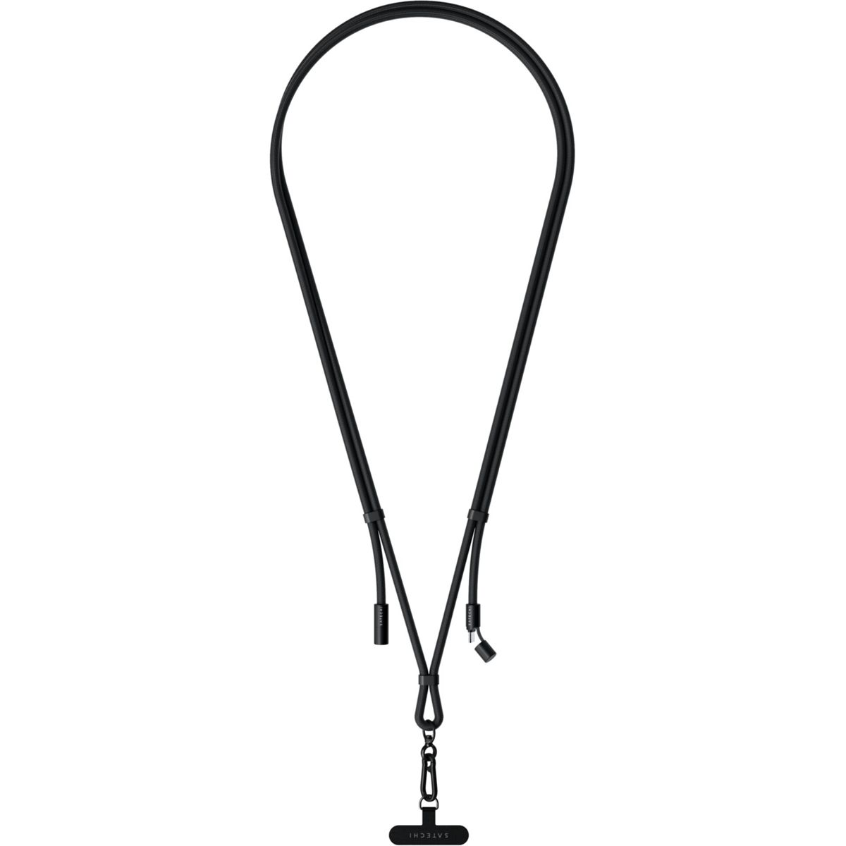 Ein schwarzes Lanyard mit einem T-förmigen Anhänger, das sich zu zwei Schlaufen teilt.