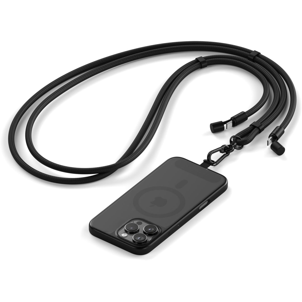 Schwarze Handyhülle mit MagSafe und Lanyard. Weißer Hintergrund.