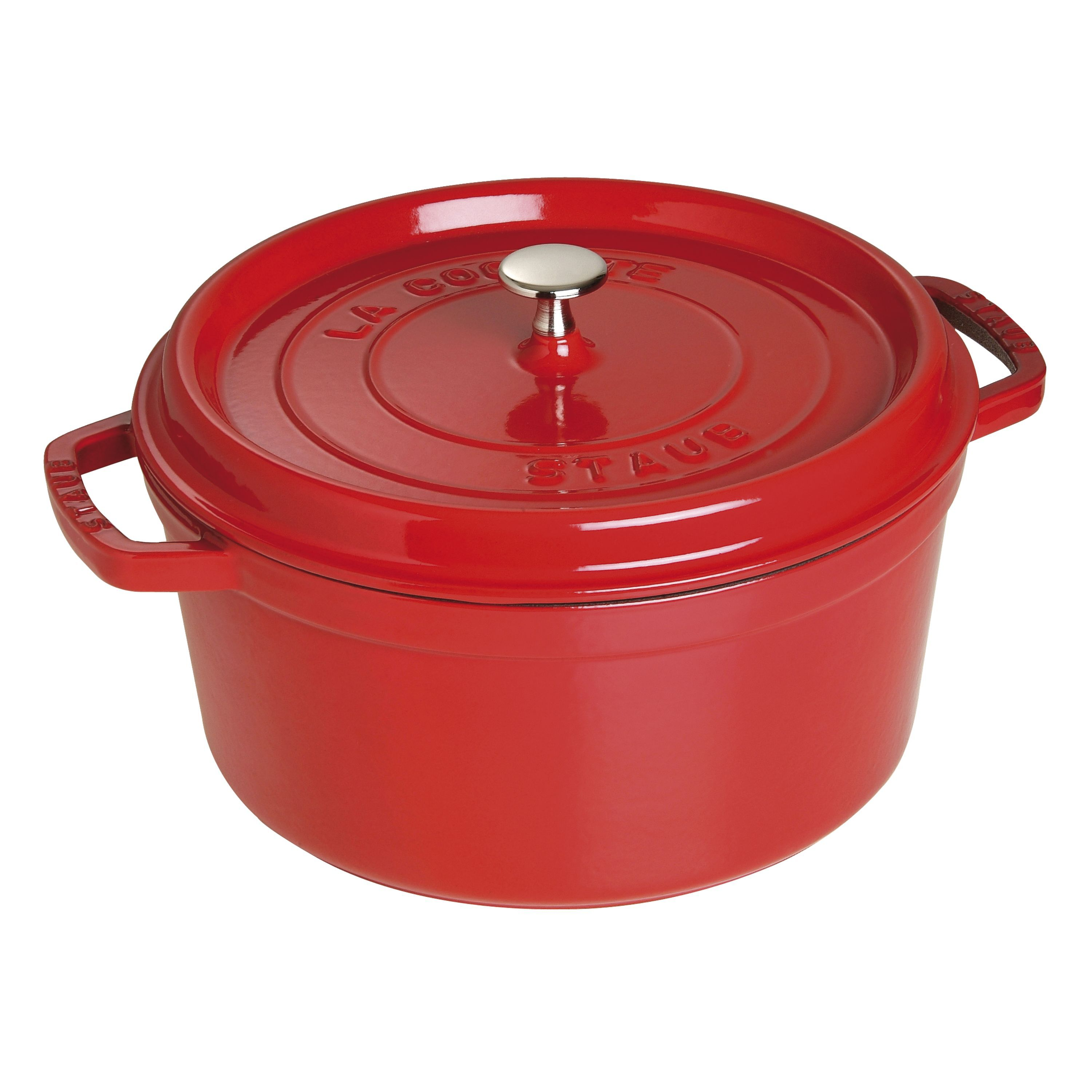 Ein roter Gusseisentopf mit silbernem Griff auf dem Deckel.