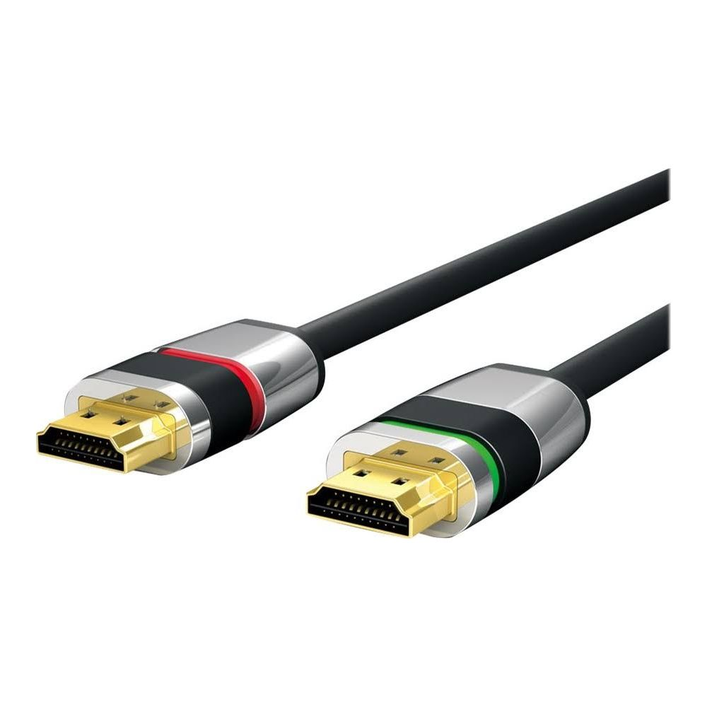Zwei HDMI-Kabel mit goldenen Steckern, schwarz und silber.