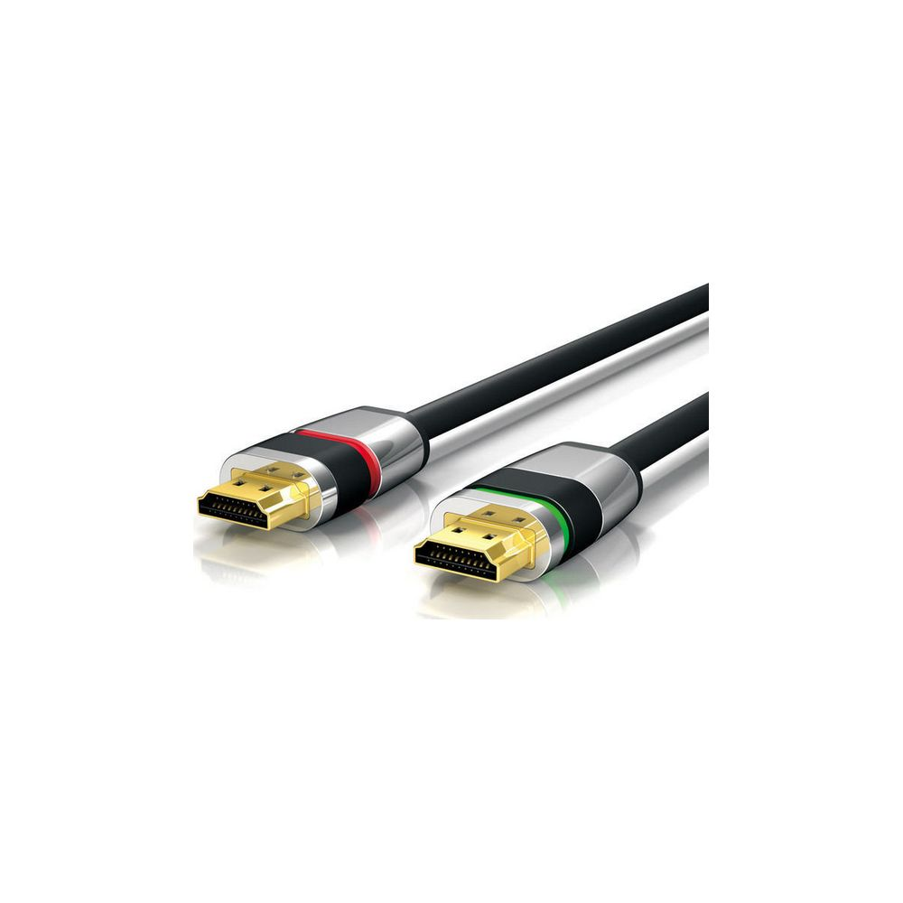 Zwei HDMI-Kabel mit goldenen Steckern und farbigen Ringen.
