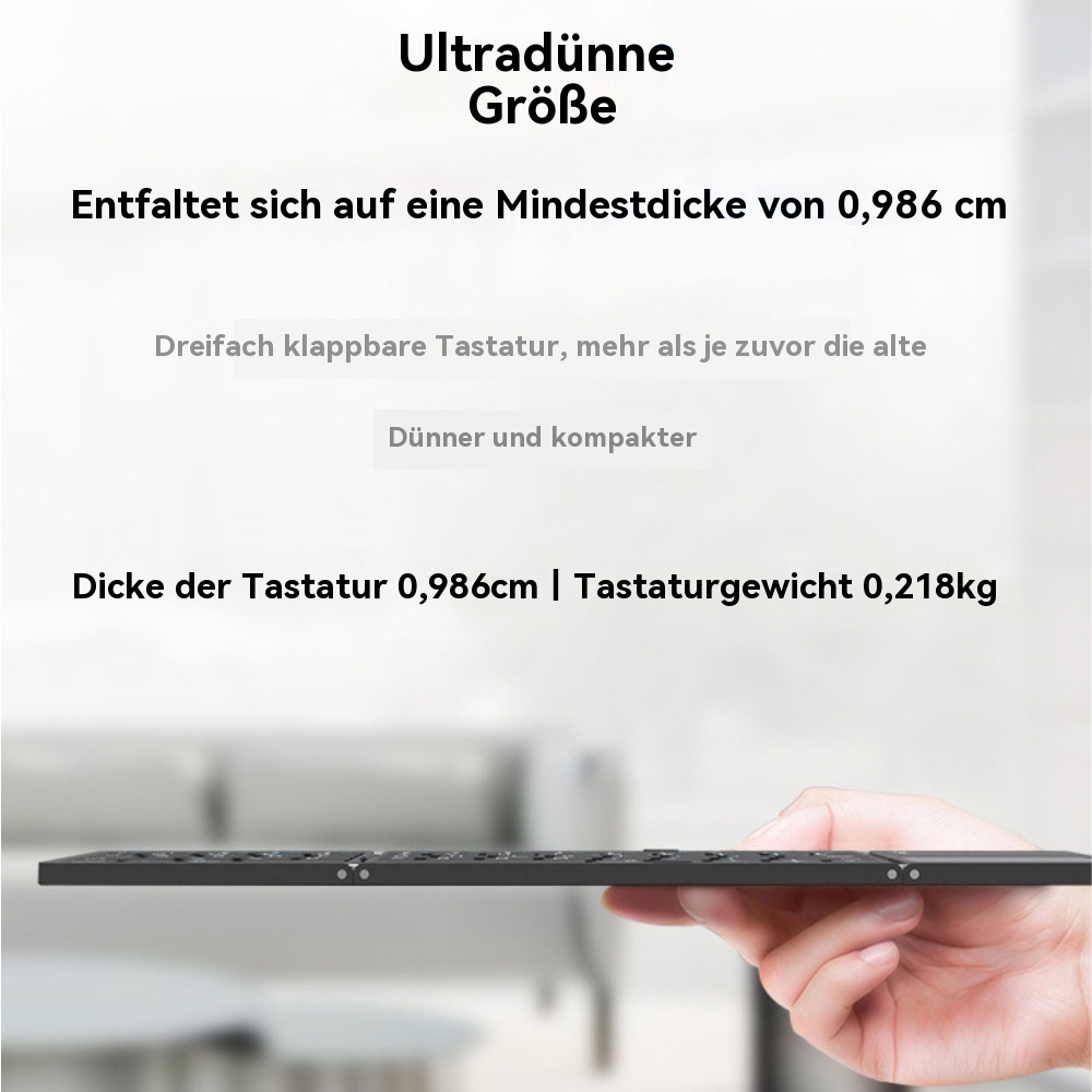Ultradünne, dreifach faltbare Tastatur, 0,986 cm dick und 0,218 kg schwer.