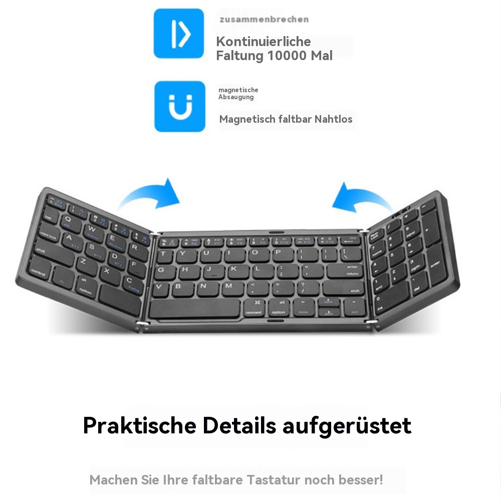 Eine aufklappbare schwarze Tastatur mit blauen Pfeilen, die das Falten und magnetische Schließen zeigen.