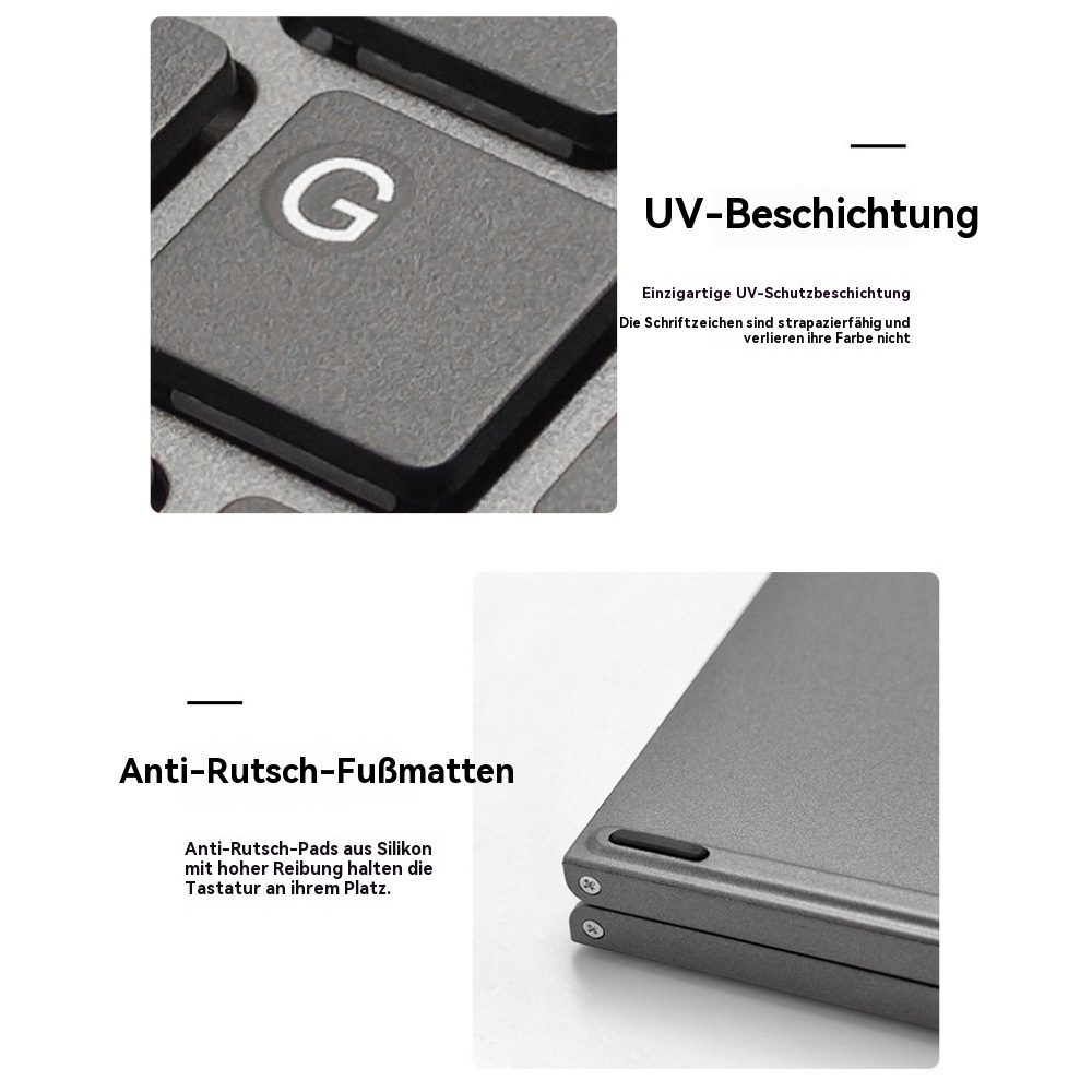 Nahaufnahme einer Tastaturtaste mit 'G' und Produktmerkmalen wie UV-Schutz und Anti-Rutsch-Pads.