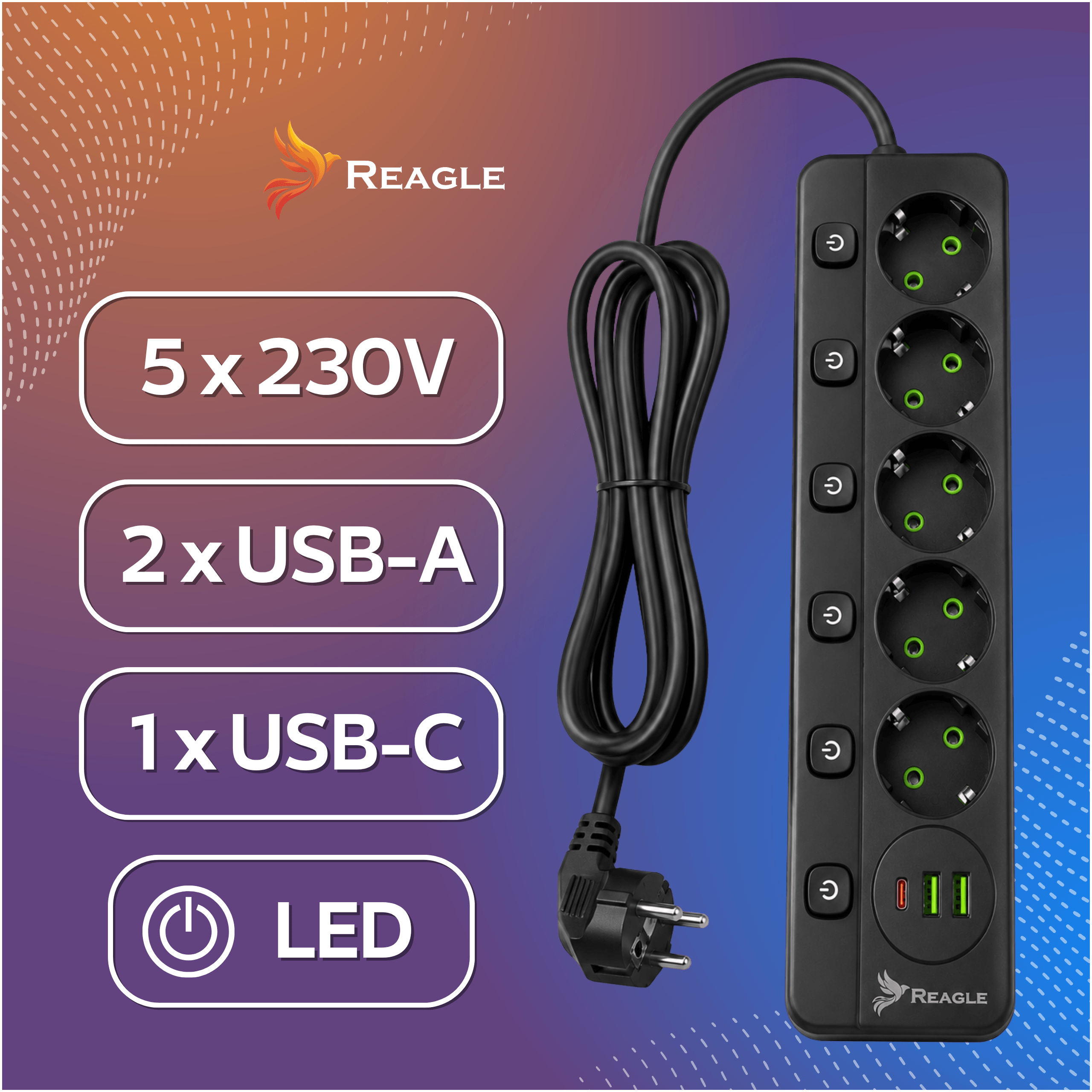 Regleta negra con 5 enchufes, 2x USB-A, 1x USB-C, LED.