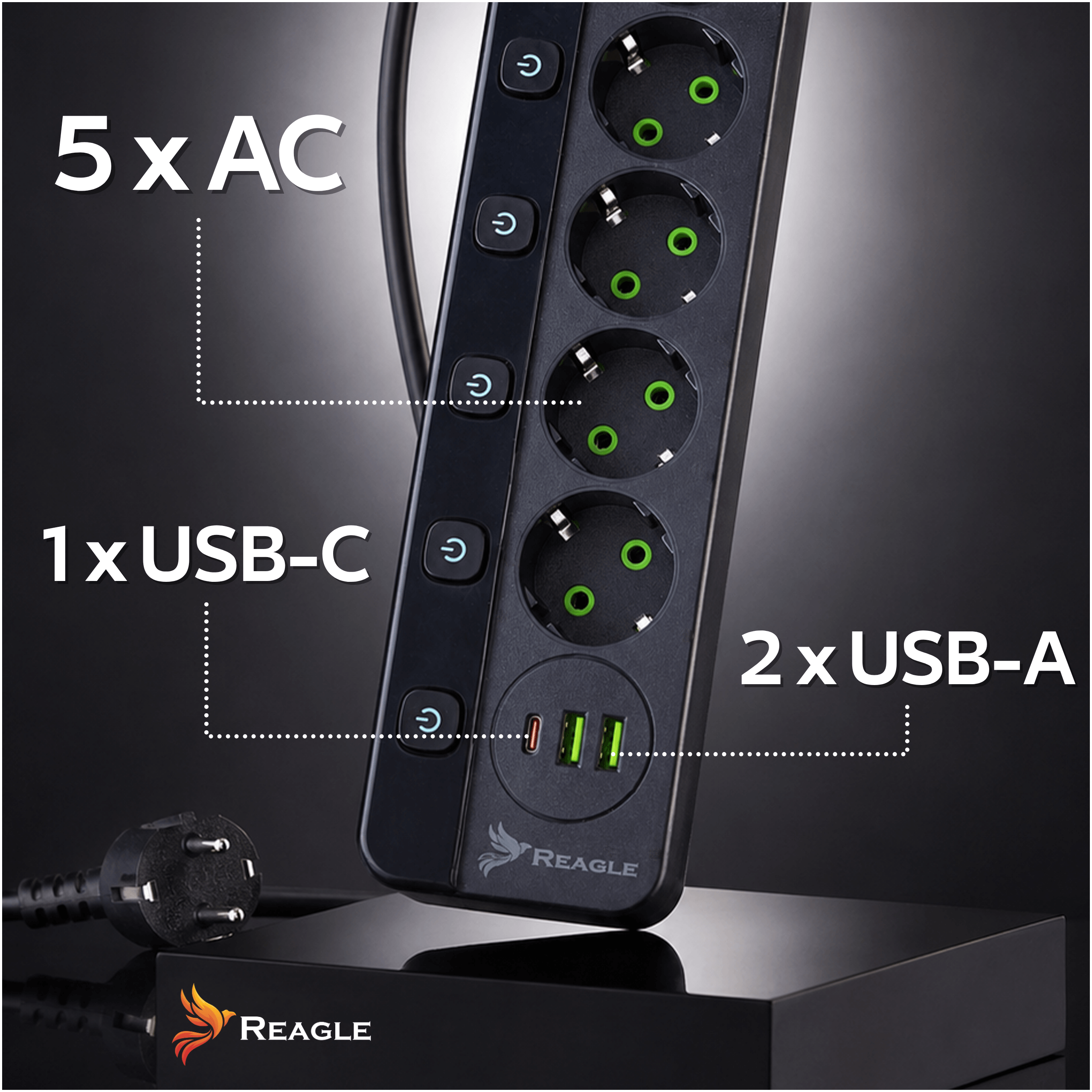 Regleta negra con 5 enchufes AC, 1x USB-C y 2x puertos USB-A.