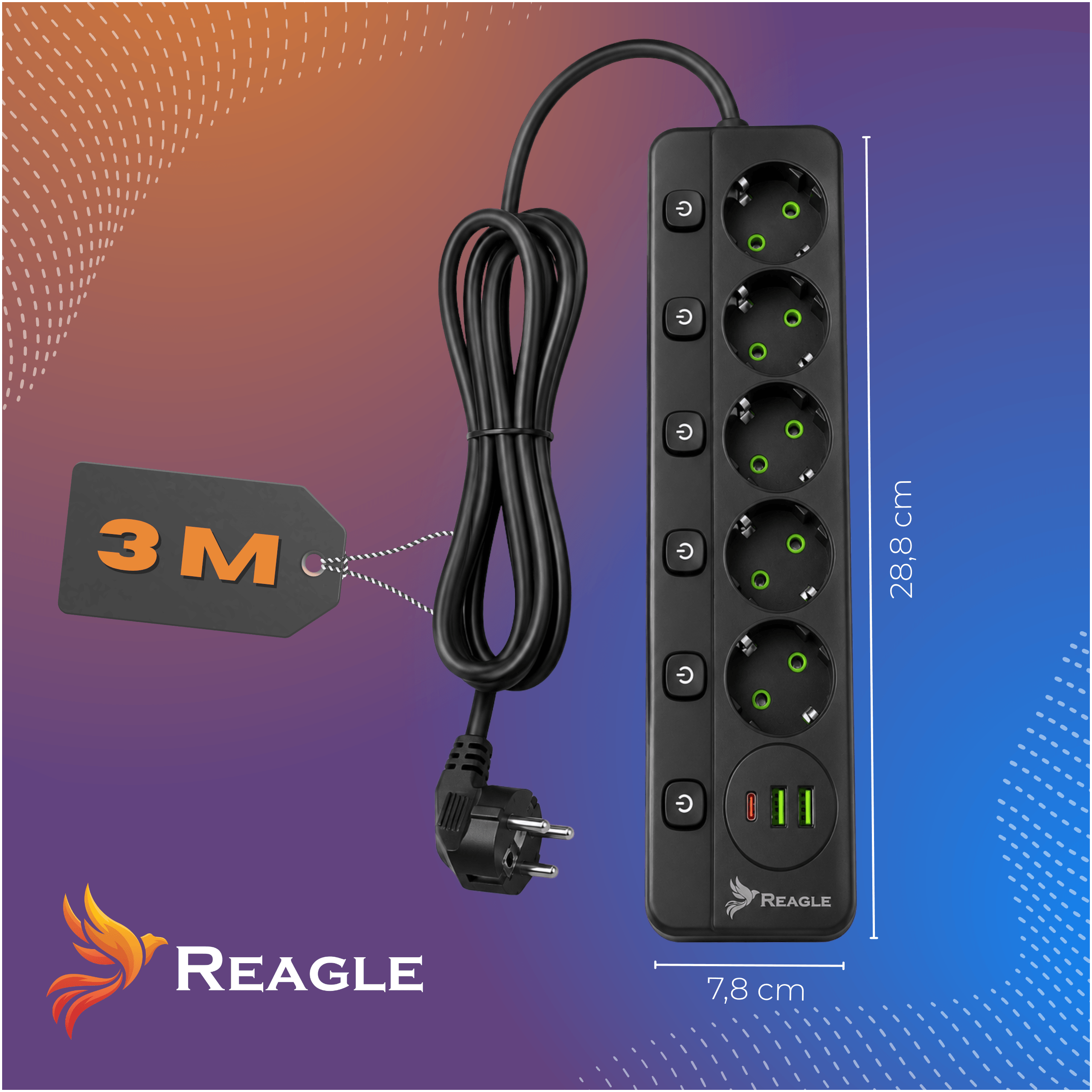 Regleta negra de 3M con 6 enchufes y 2 puertos USB. Incluye interruptores.