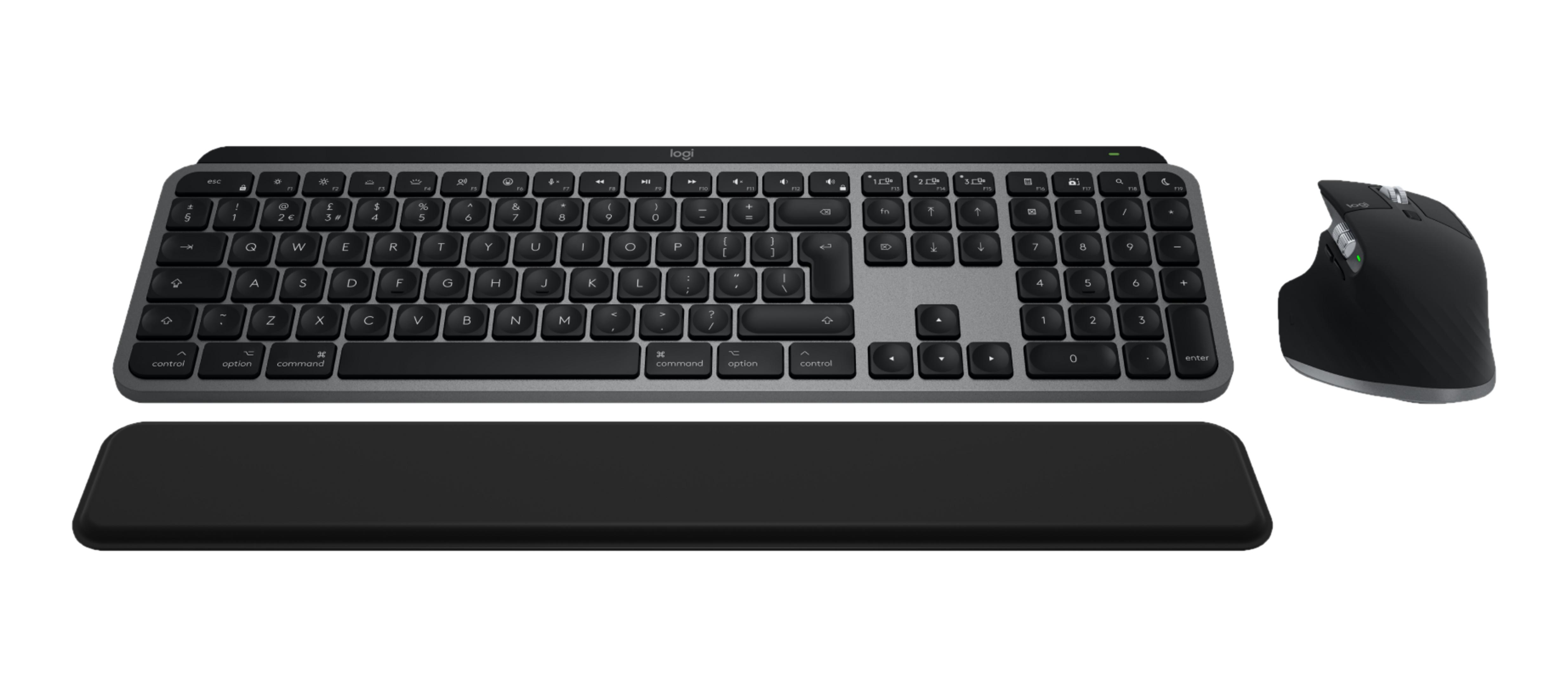 Eine schwarze Tastatur, eine Maus und eine Handballenauflage auf weißem Hintergrund.