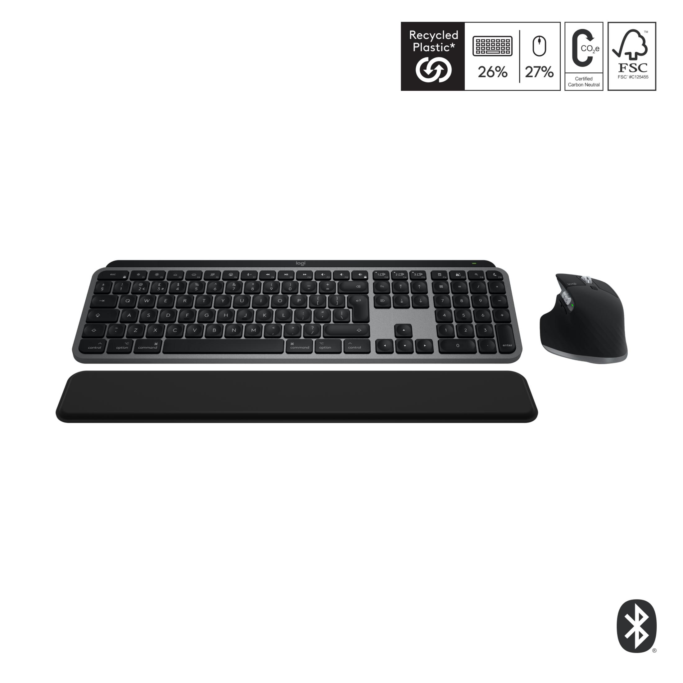 Schwarze Tastatur, Maus und Handgelenkauflage auf weißem Hintergrund. Logos oben.