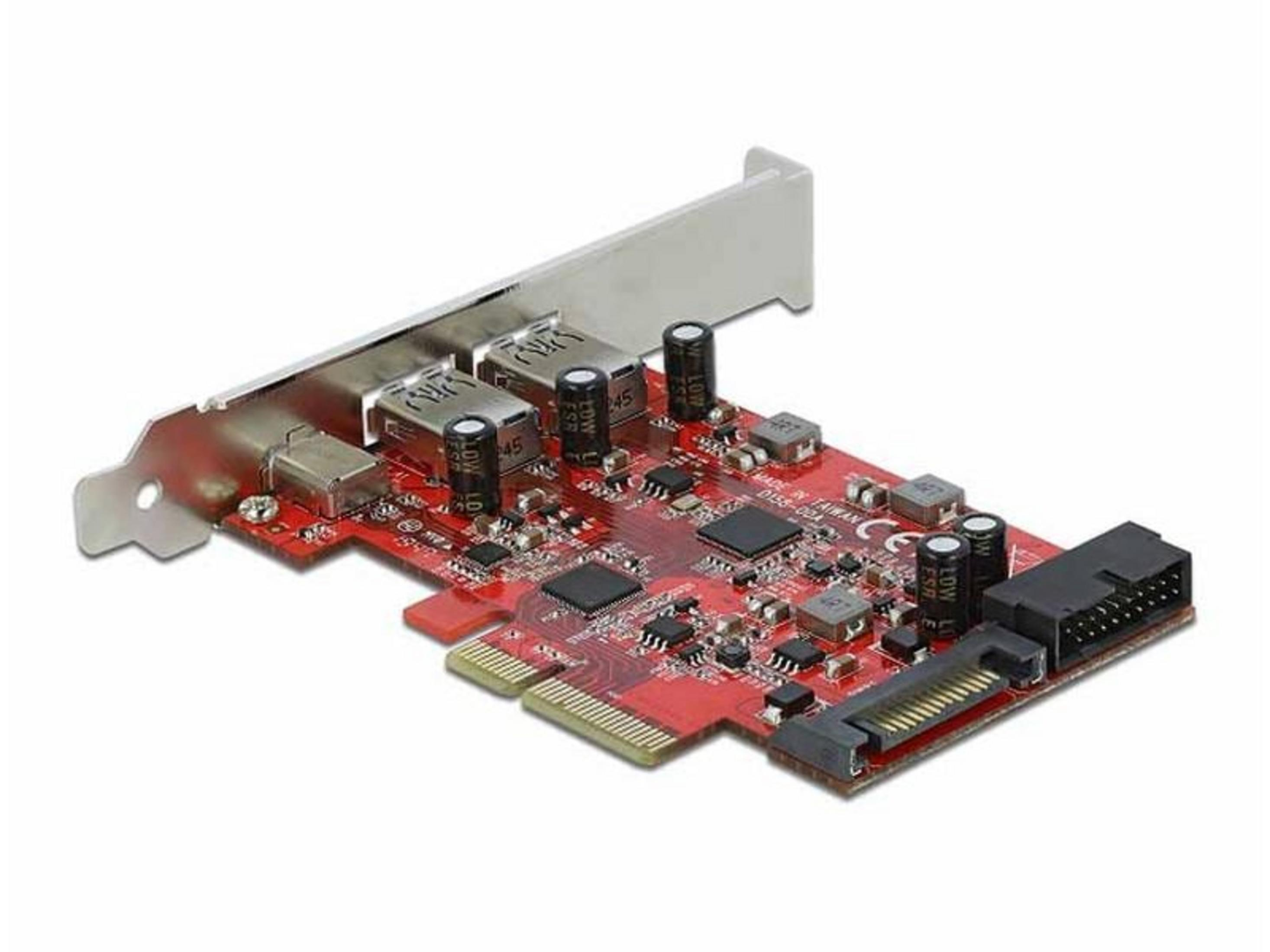 Eine rote Platine mit USB-Anschlüssen und Kondensatoren.