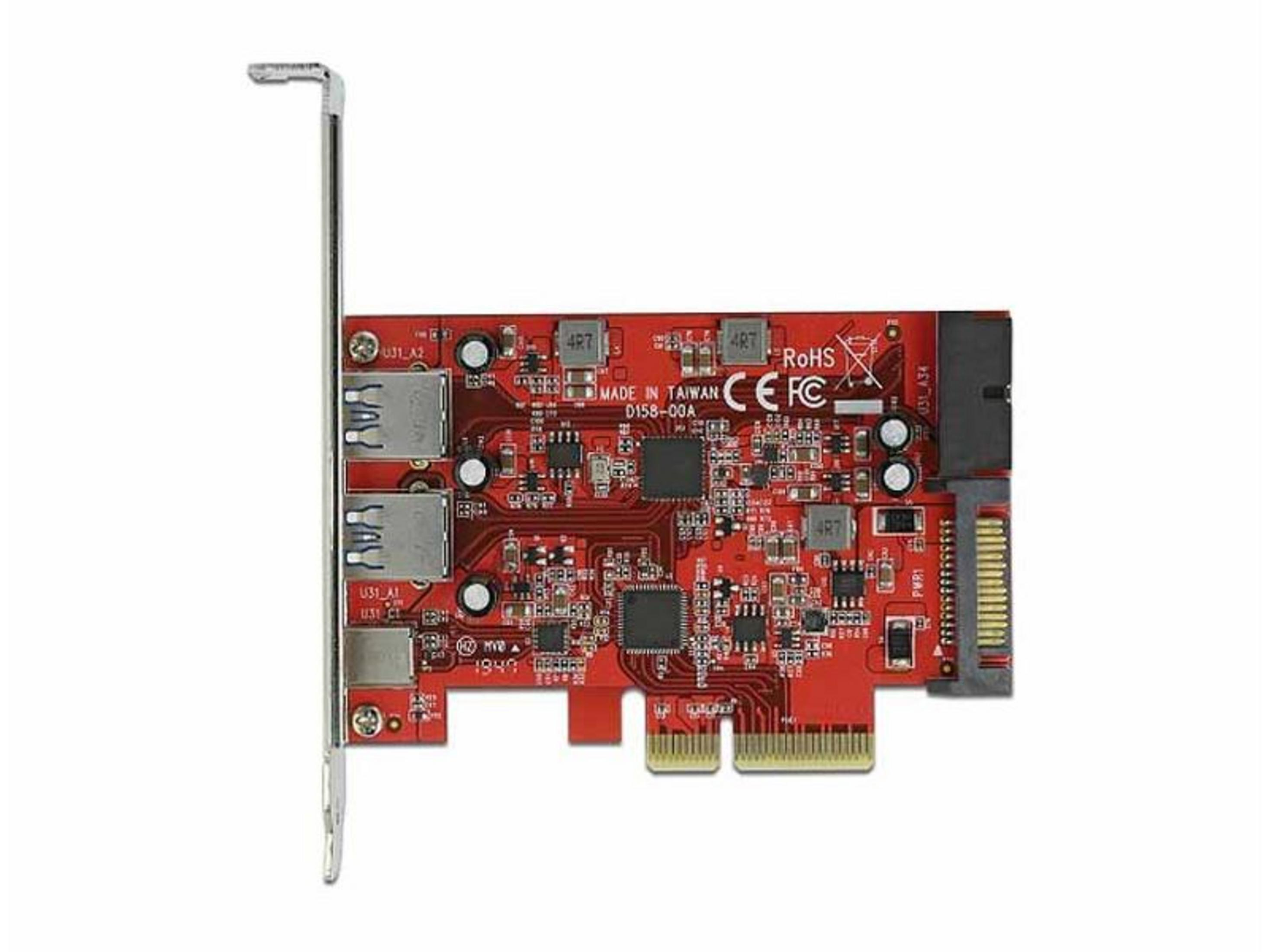 Rote Platine mit zwei USB-Anschlüssen, Komponenten und Metallbügel.