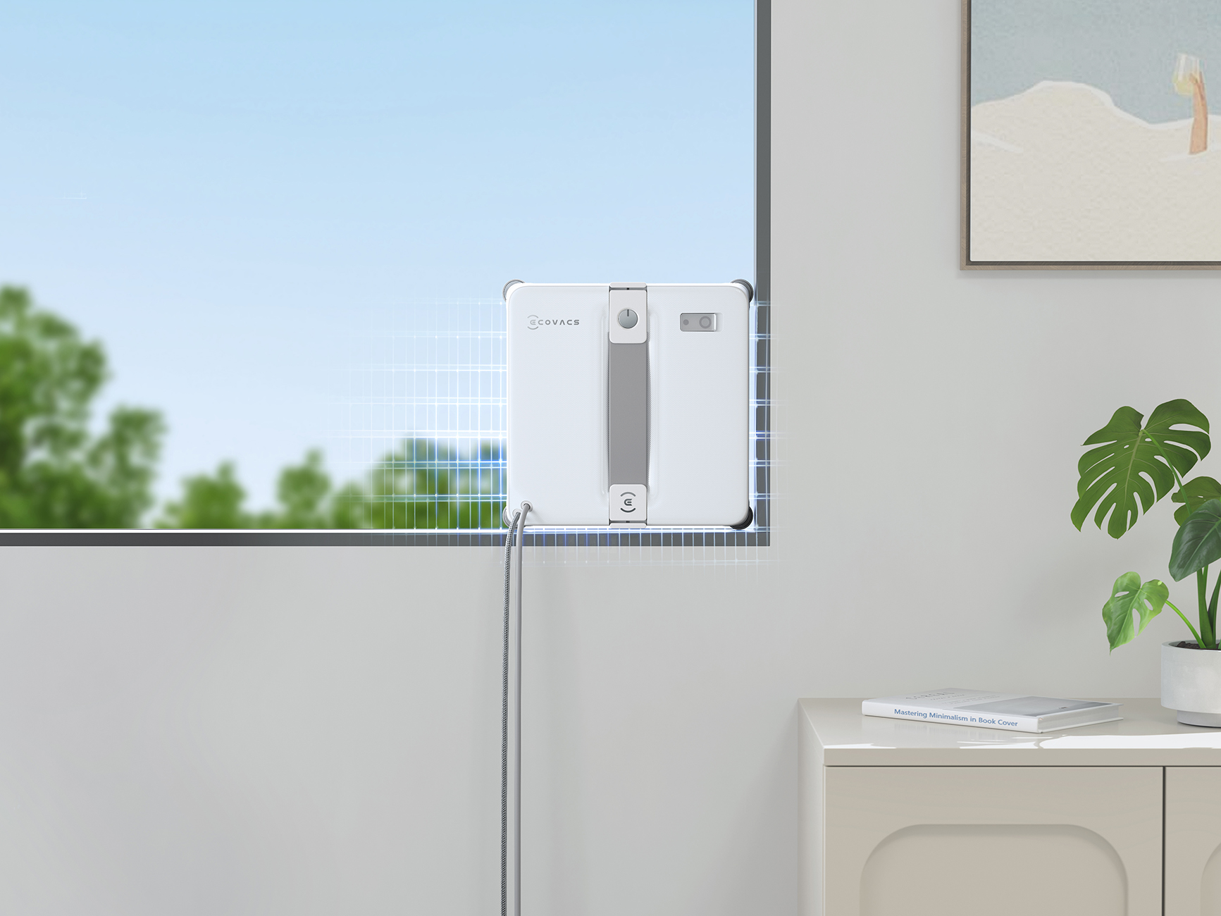 Ein weißer Fensterreinigungsroboter an einem Fenster. Bäume und Himmel draußen.
