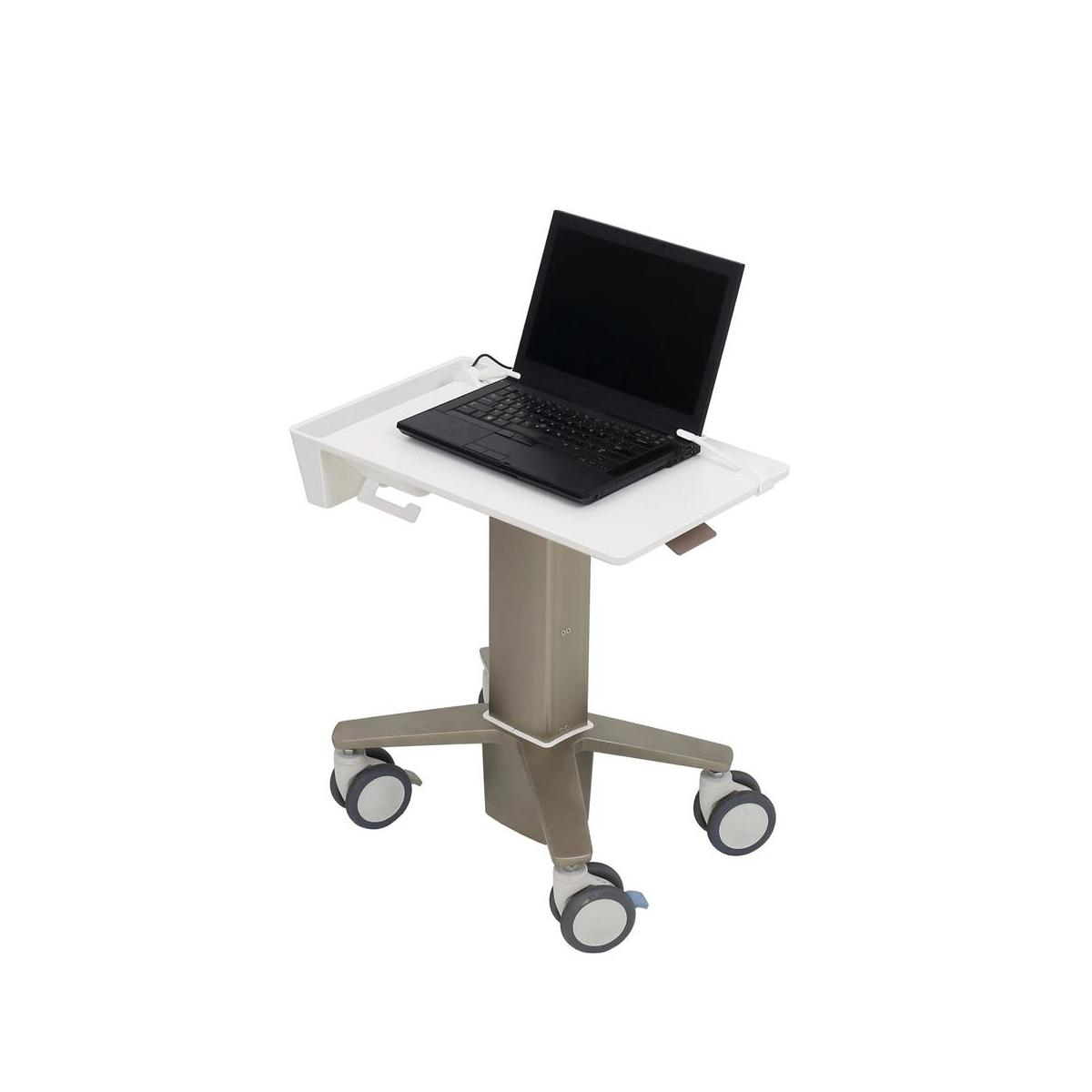 Ein Laptop auf einem fahrbaren Ständer mit Rollen.
