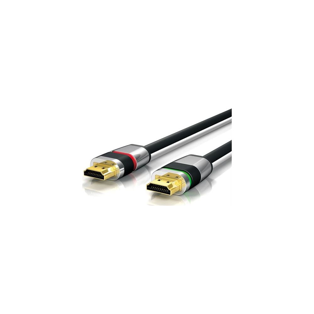 Zwei HDMI-Kabel mit goldenen Anschlüssen, silbernen Manschetten und roten/grünen Ringen.