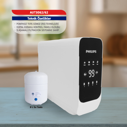 Dijital ekranlı ve yanında 8 litrelik su tankı olan beyaz Philips su filtresi.