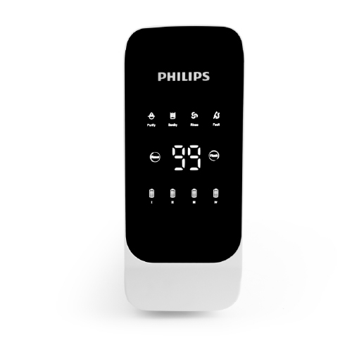 Dijital '99' göstergeli beyaz ve siyah Philips hava temizleyici.