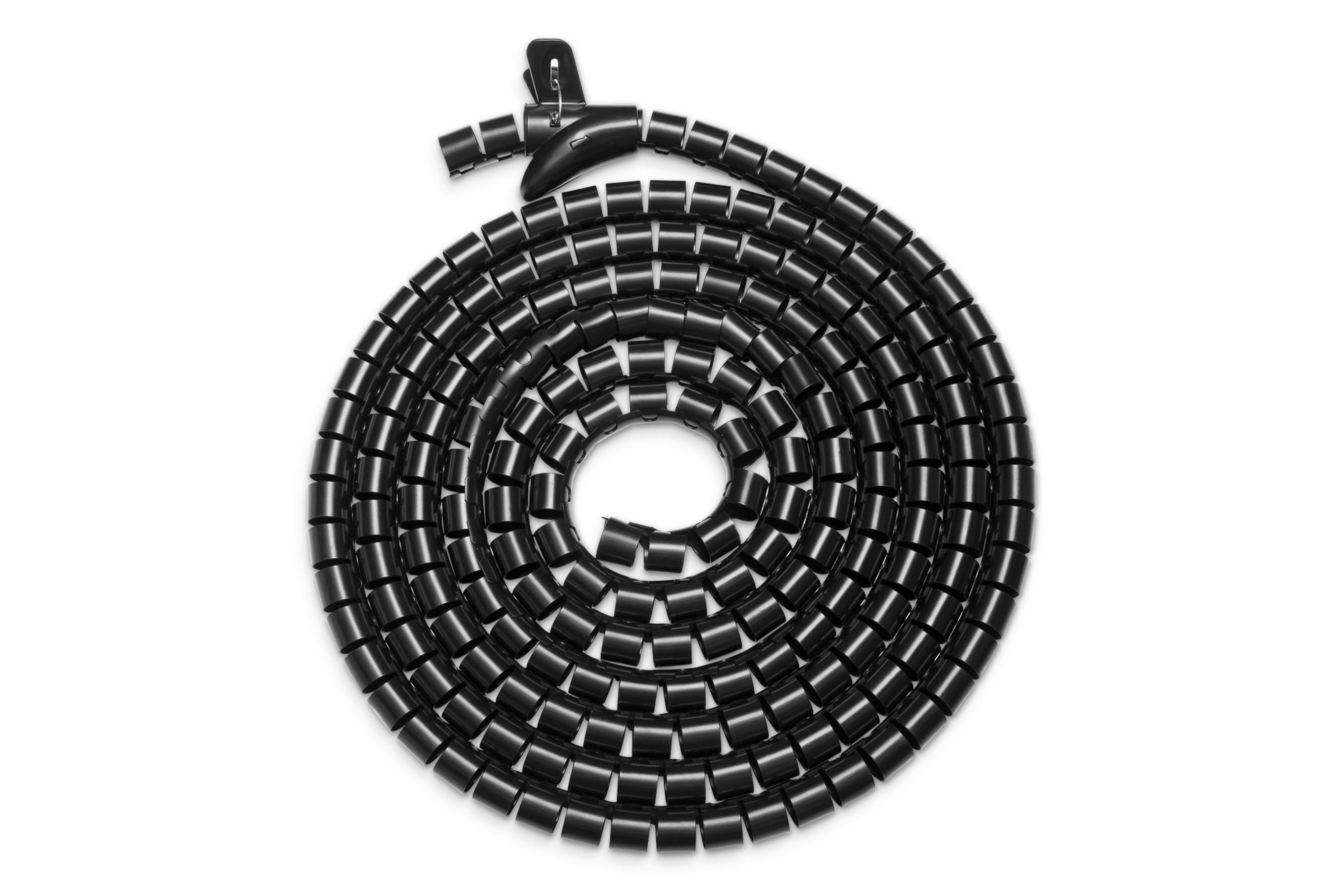 Schwarzer Kabelbinder im Spiralwickel mit schwarzem Clip, auf weißem Hintergrund.