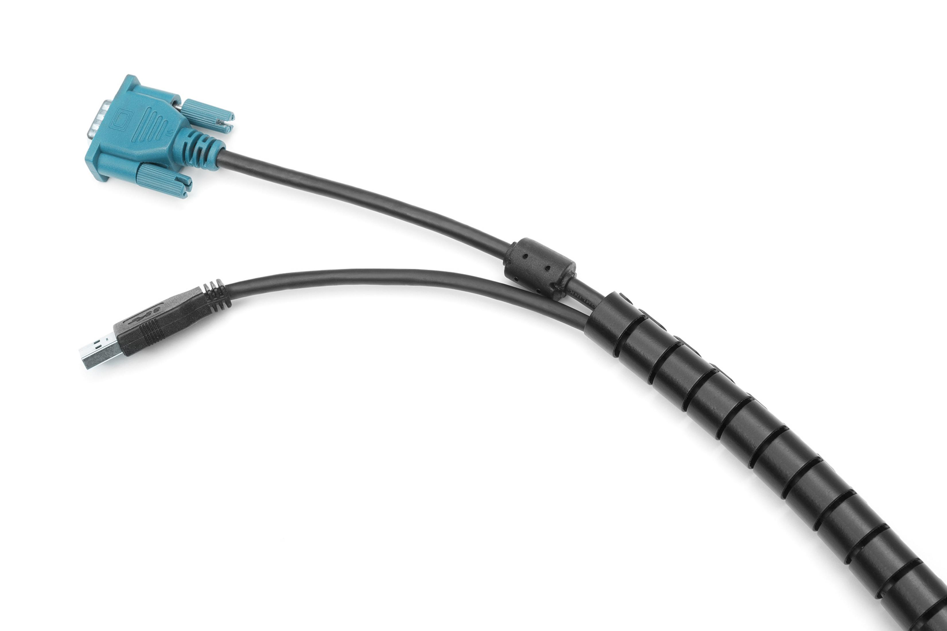 Ein blauer VGA-Stecker und ein USB-Stecker mit schwarzem Kabel auf weißem Hintergrund.