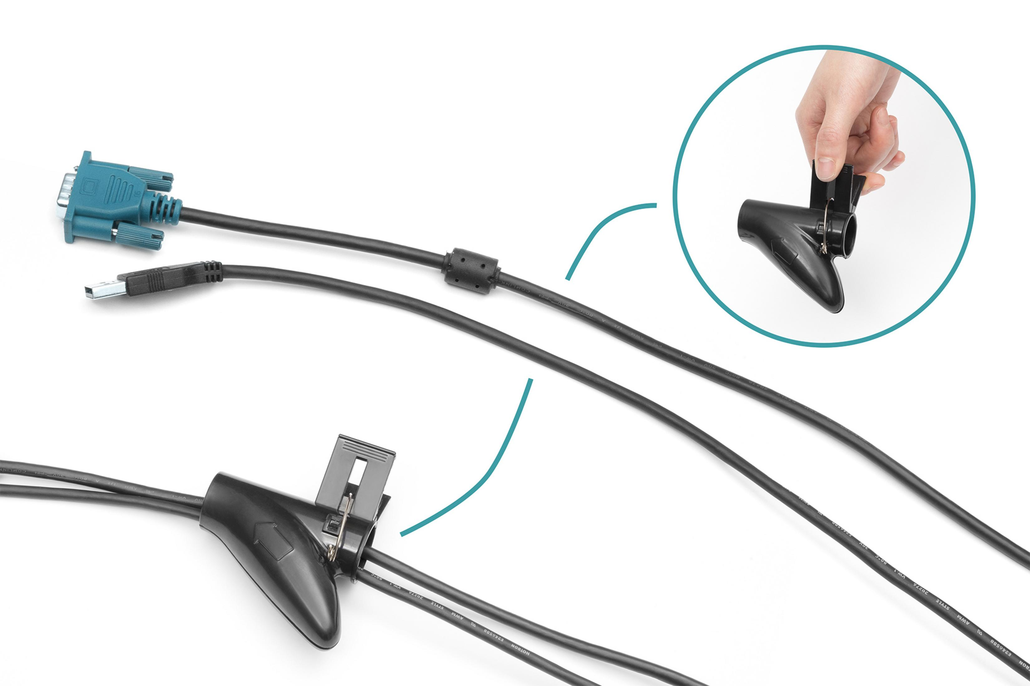 Ein blauer VGA-Stecker und ein USB-Stecker mit schwarzen Kabeln und Kabelmanagern.