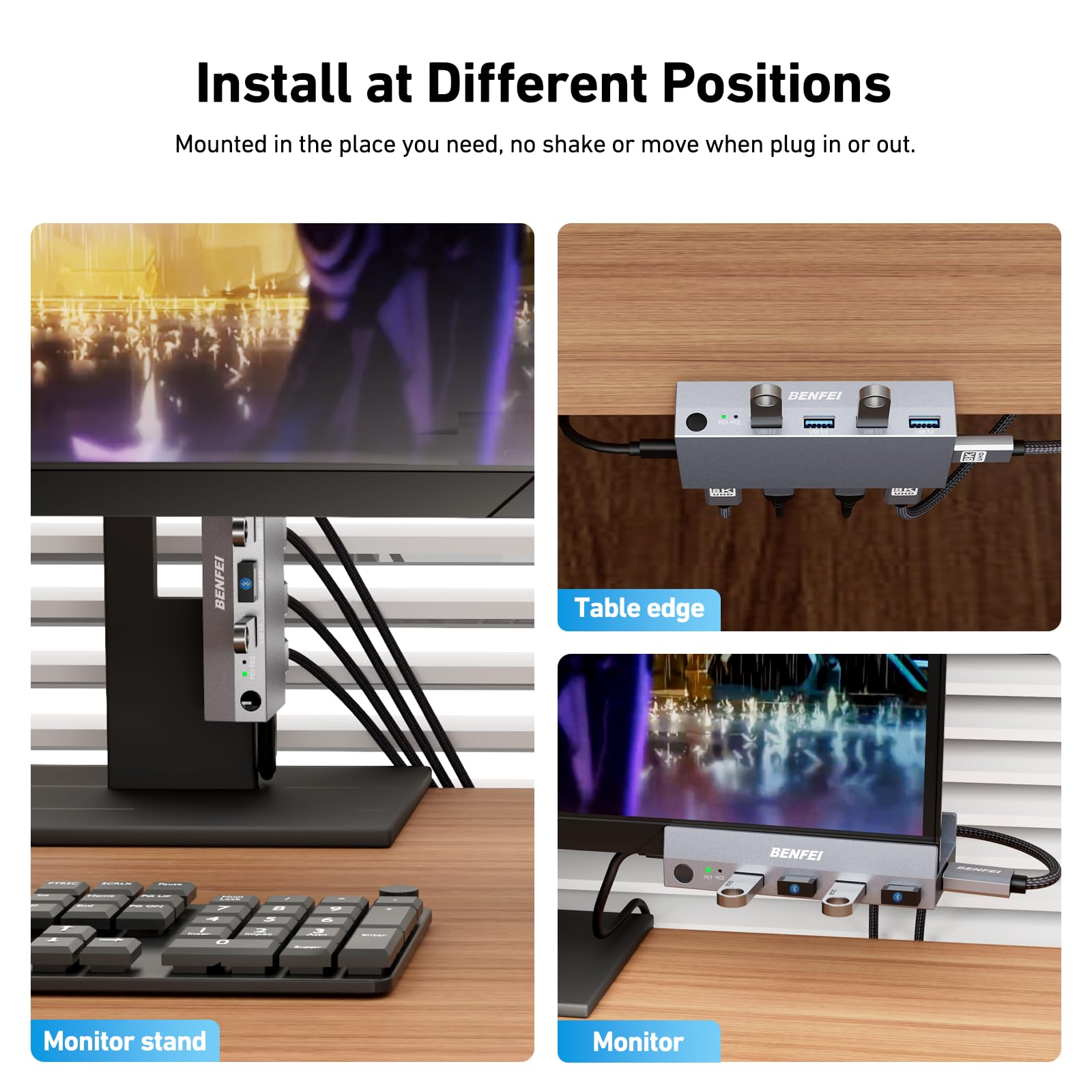 Ein Silberfarbener USB-Hub ist an einem Monitorständer, Tischkante und Monitor montiert.