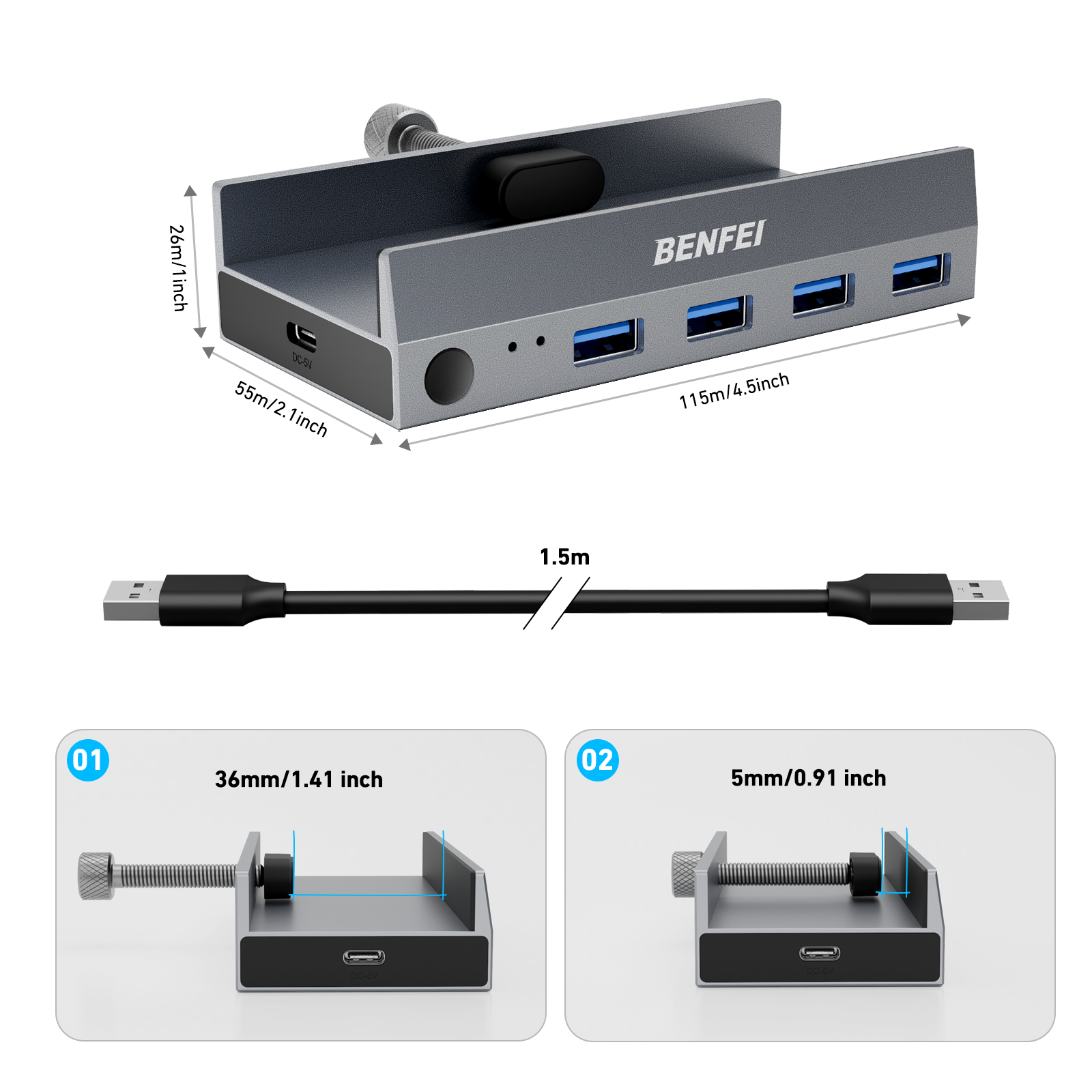 Grauer USB-Hub mit 4 Anschlüssen, DC-5V, und Maßen 115x55x26mm.
