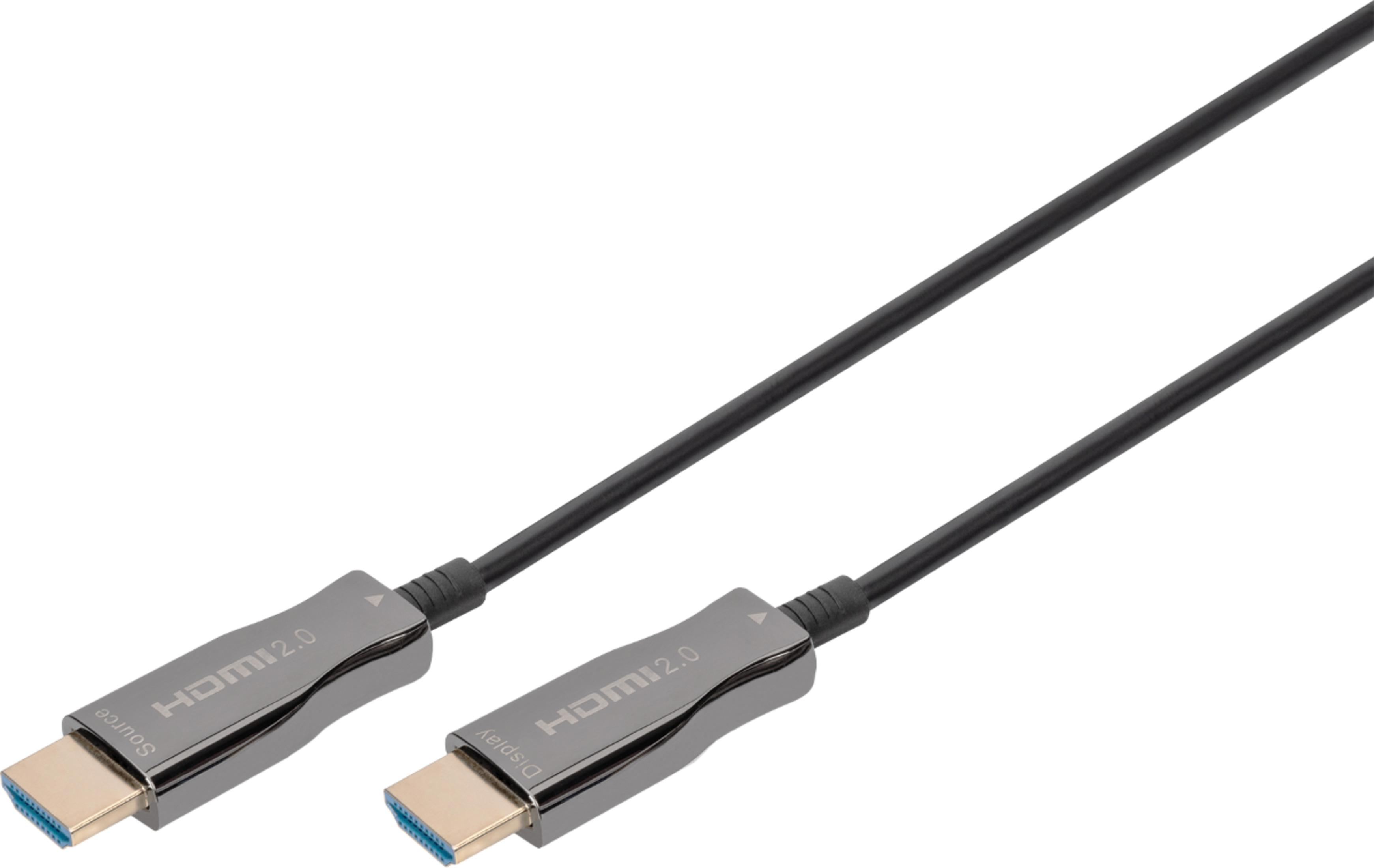Ein schwarzes HDMI 2.0 Kabel mit silbernen Anschlüssen, beschriftet mit „Source“ und „Display“.