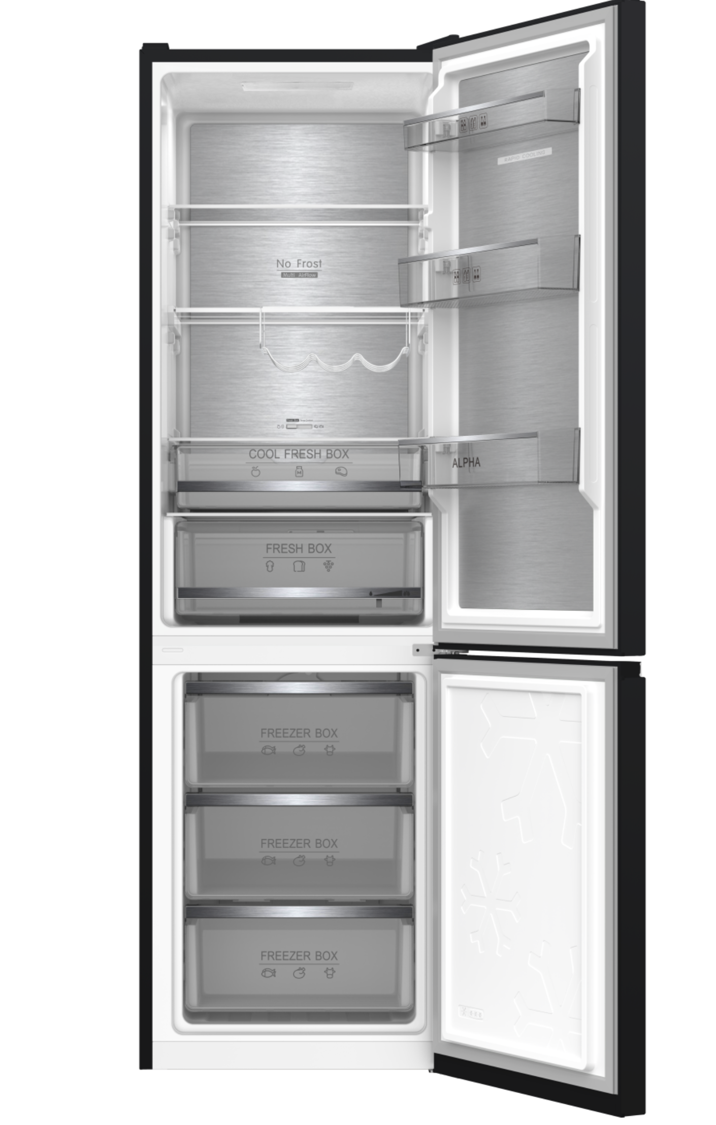 Un refrigerador negro abierto con varios estantes y cajones.