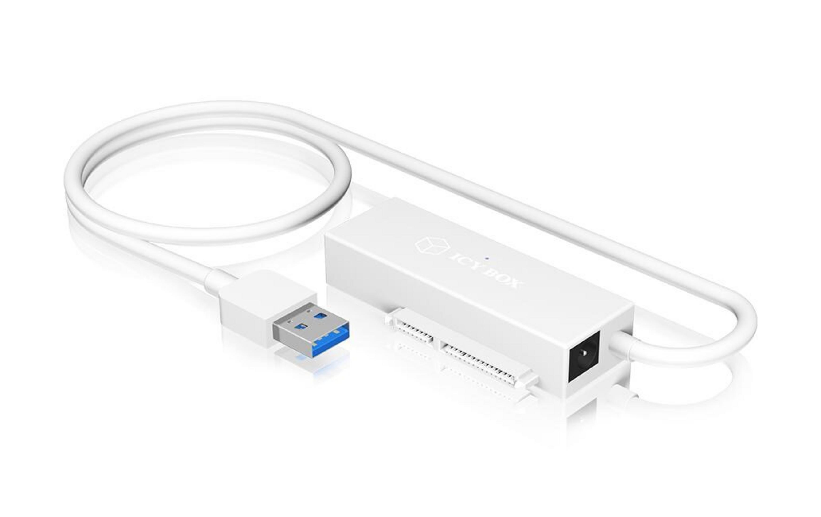 Ein weißer USB-zu-SATA-Adapter mit Kabel und blauem USB 3.0-Anschluss.