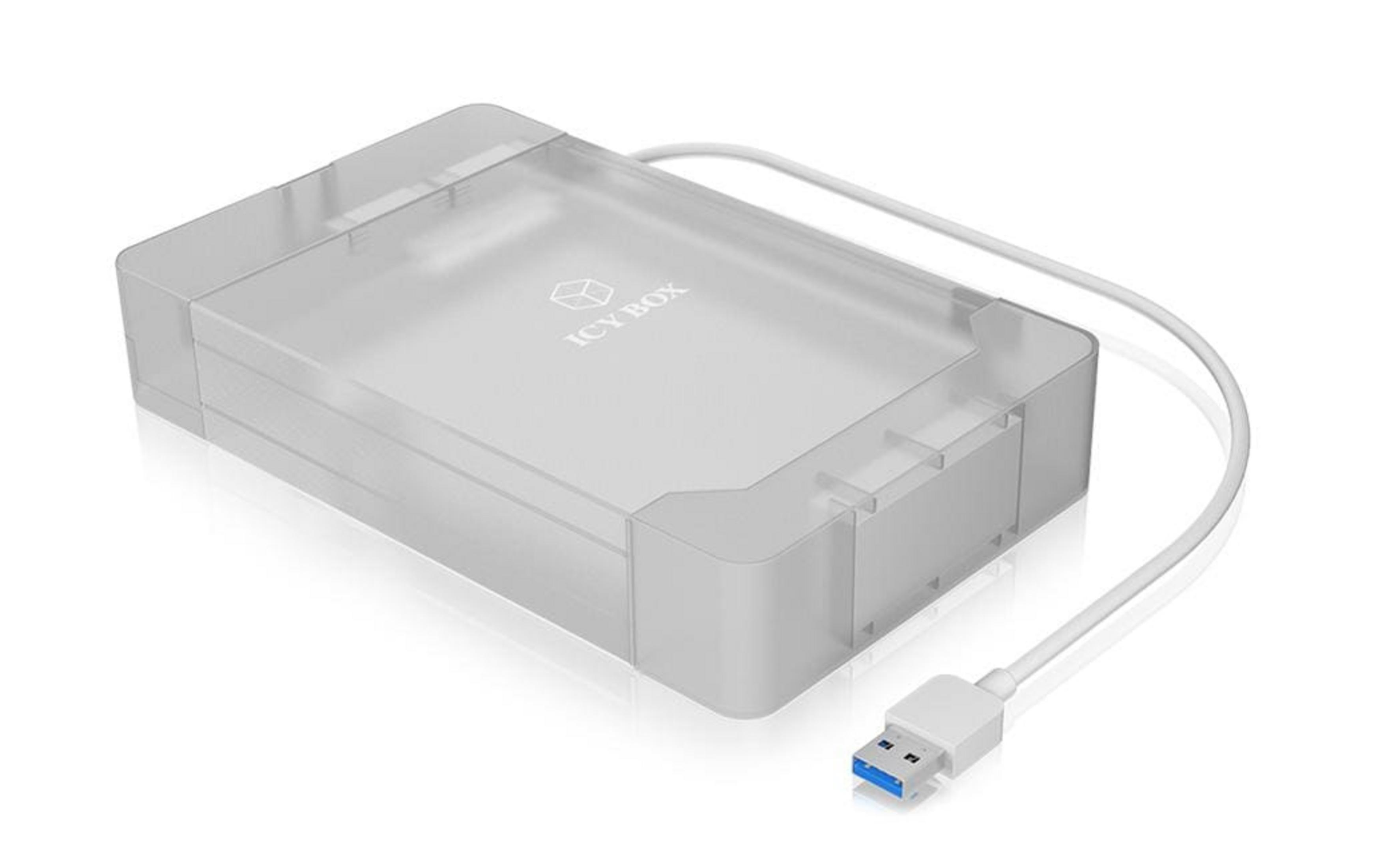 Ein durchsichtiges Gehäuse für eine Festplatte mit einem weißen USB-Kabel.